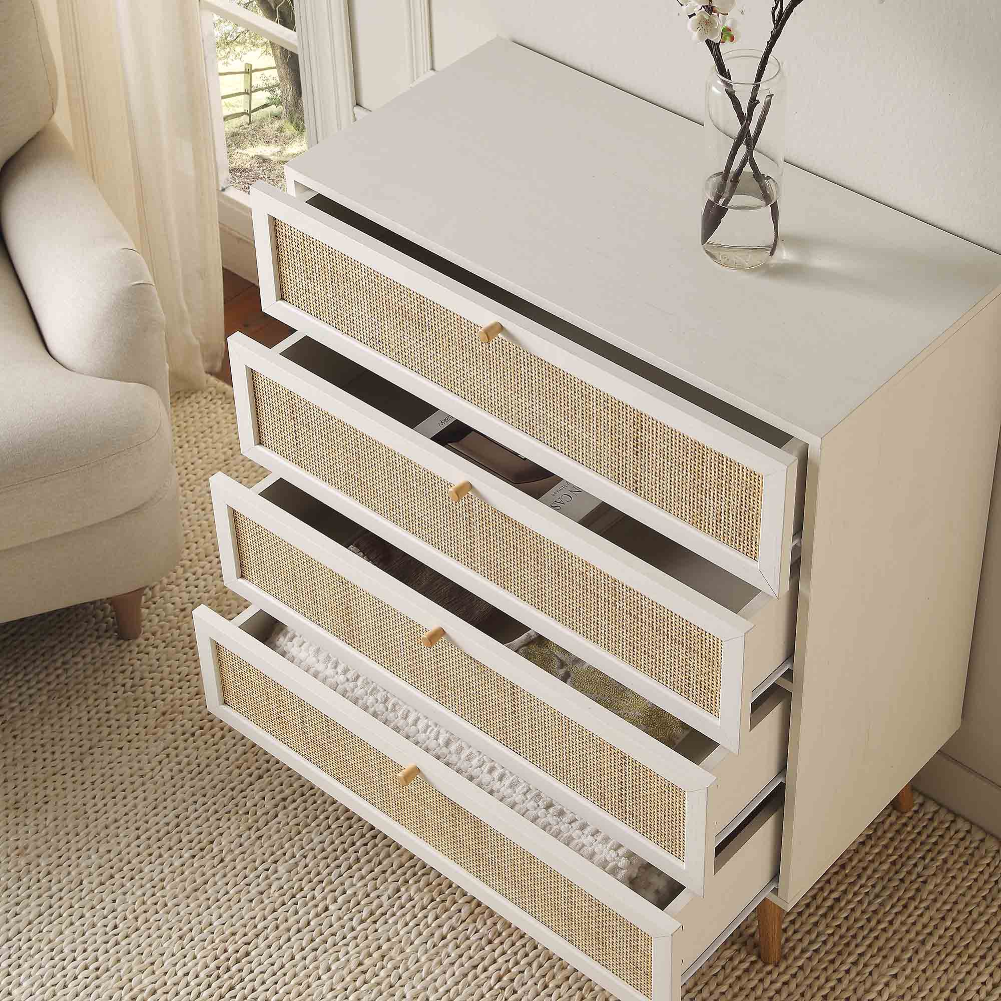 Frances Woven Rattan Tall Chest of 4 Drawers, White