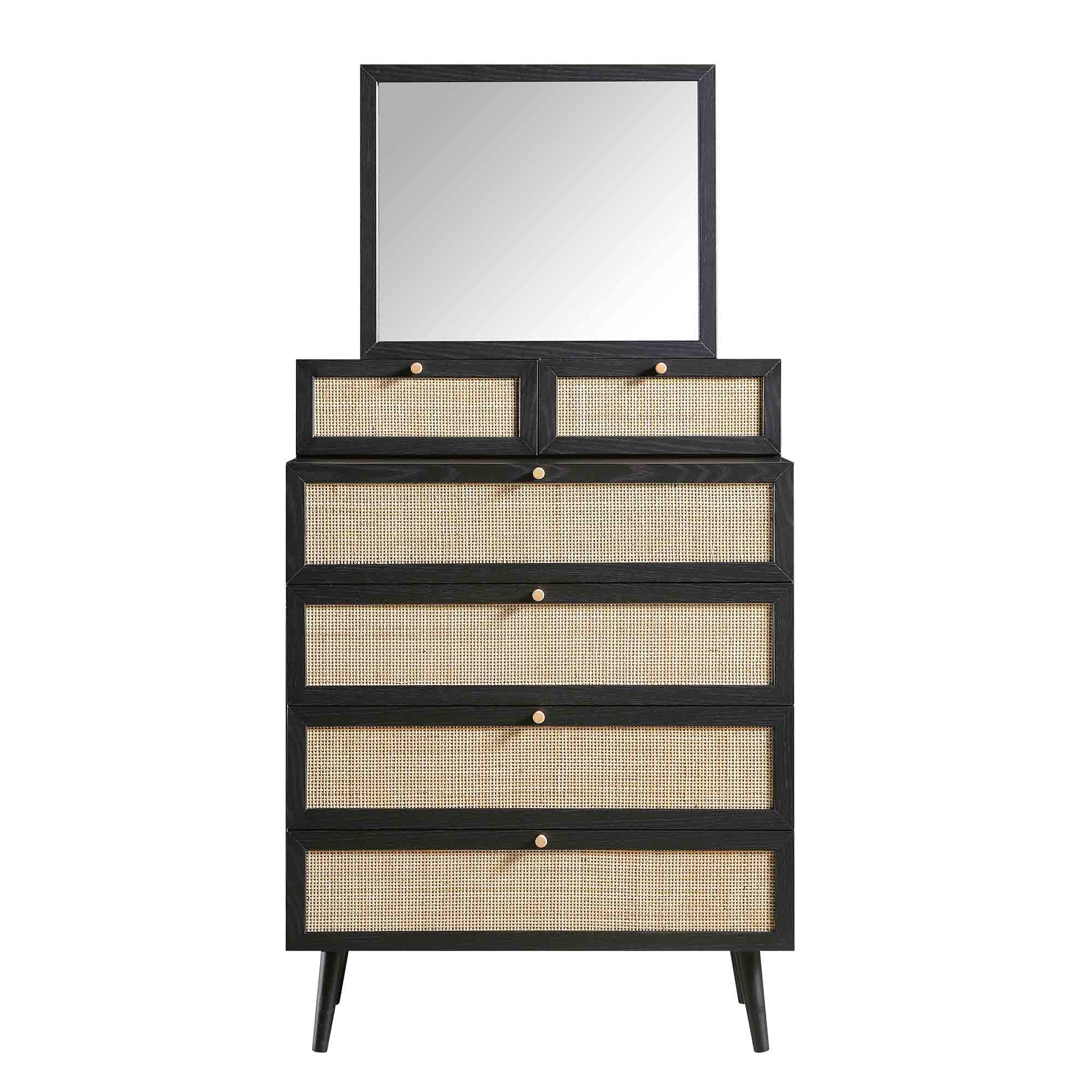 Frances Woven Rattan Tall Vanity Chest with Mirror, Black