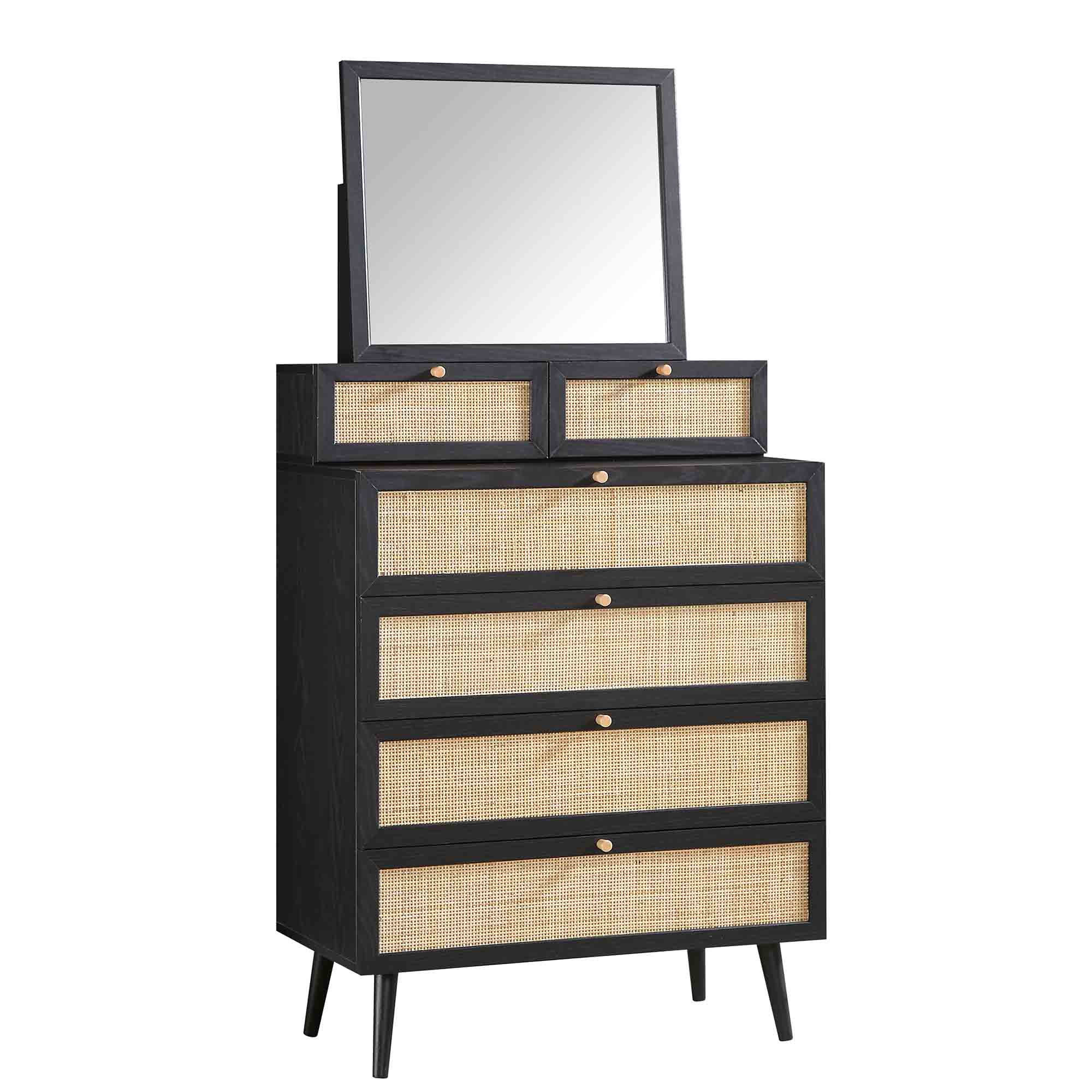 Frances Woven Rattan Tall Vanity Chest with Mirror, Black