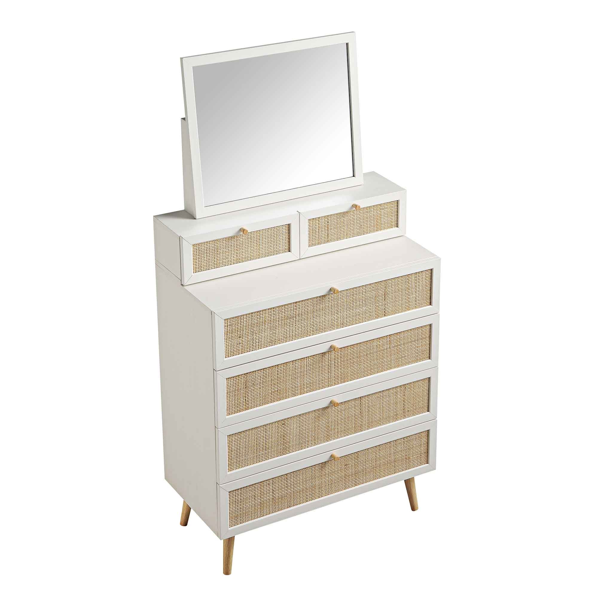 Frances Woven Rattan Tall Vanity Chest with Mirror, White