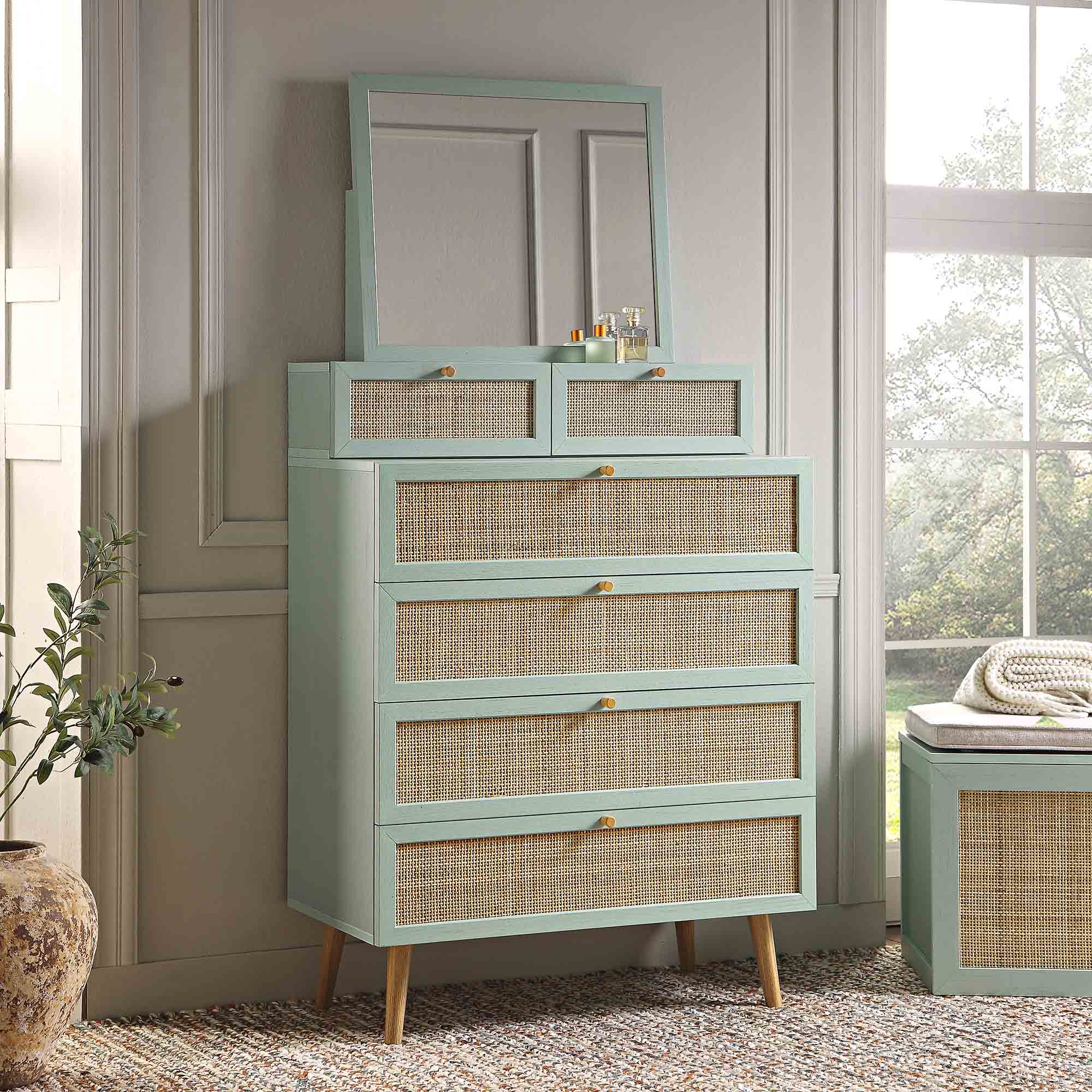 Frances Woven Rattan Tall Vanity Chest with Mirror, Mint