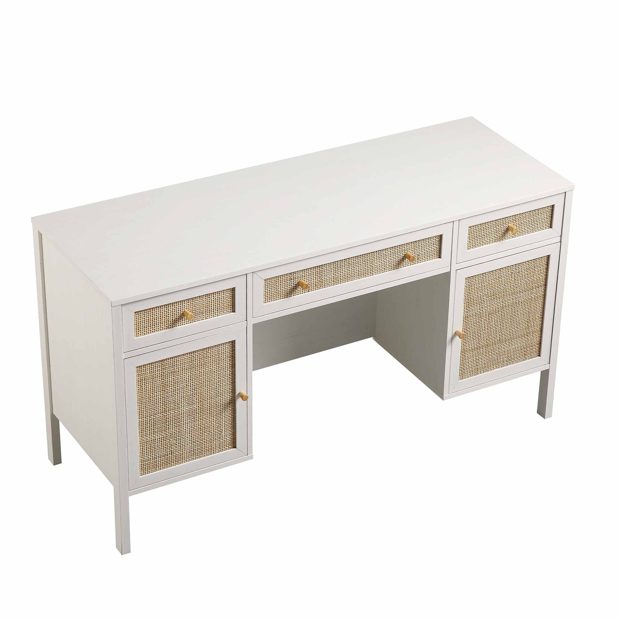 Frances Woven Rattan 3-Drawer Desk, White