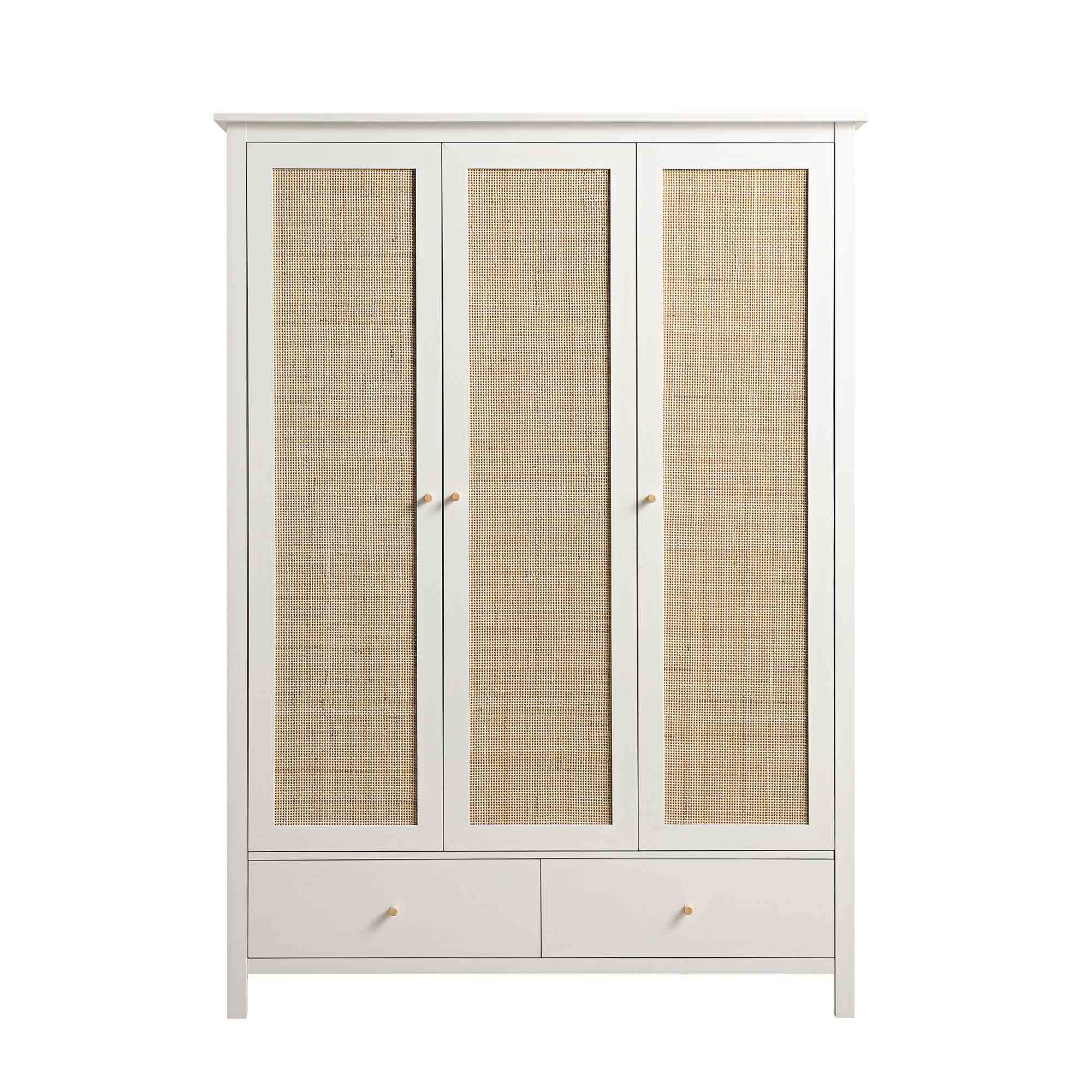 Frances Rattan Triple Wardrobe with 2 Drawers, White