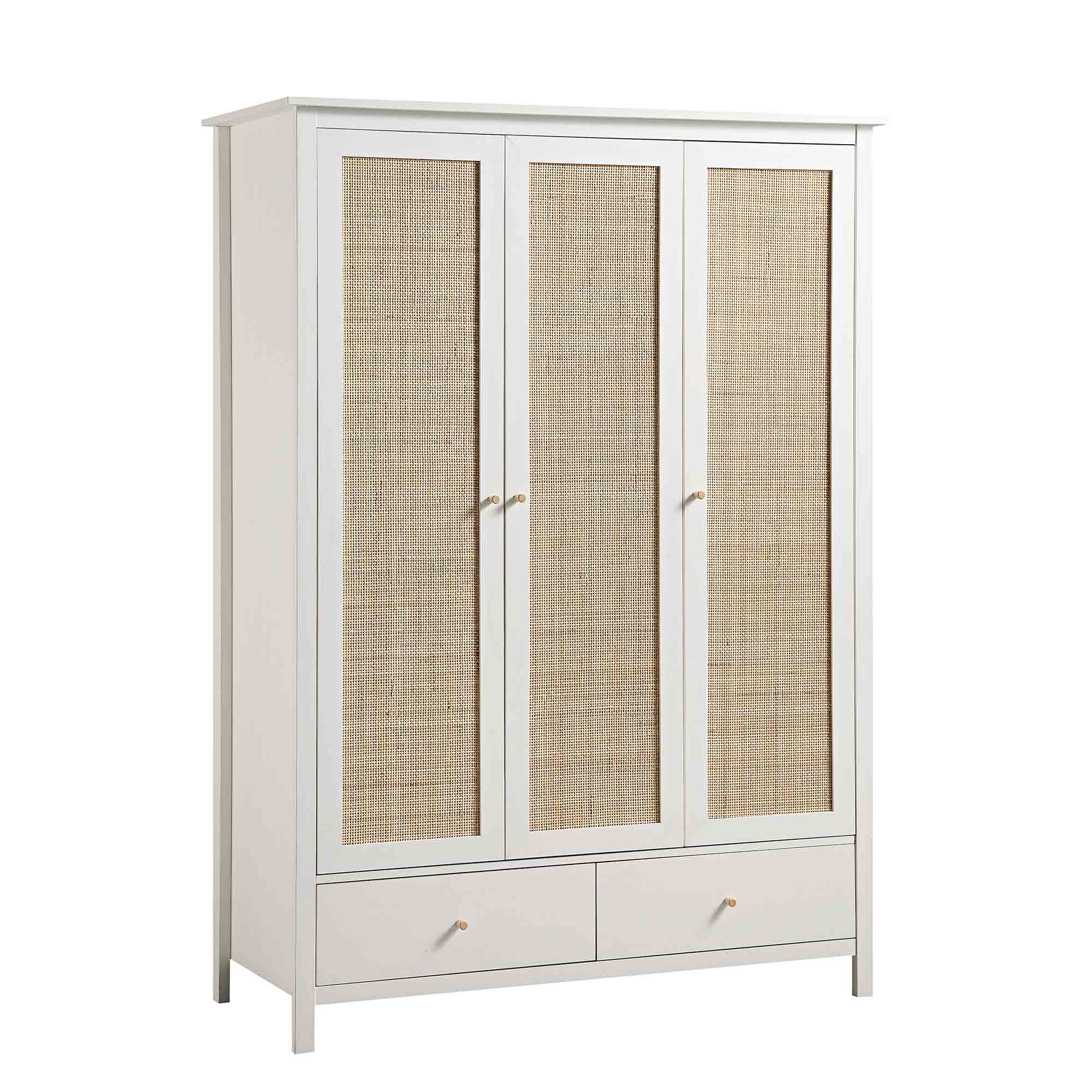 Frances Rattan Triple Wardrobe with 2 Drawers, White