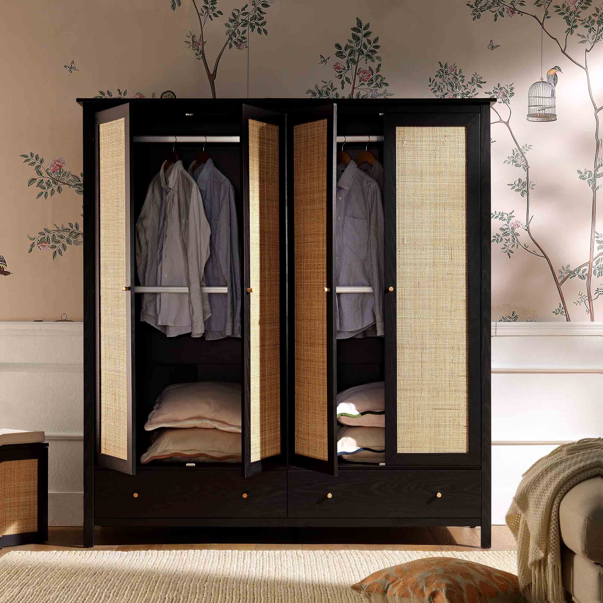 Frances Rattan 4-Door Wardrobe with 2 Drawers, Black