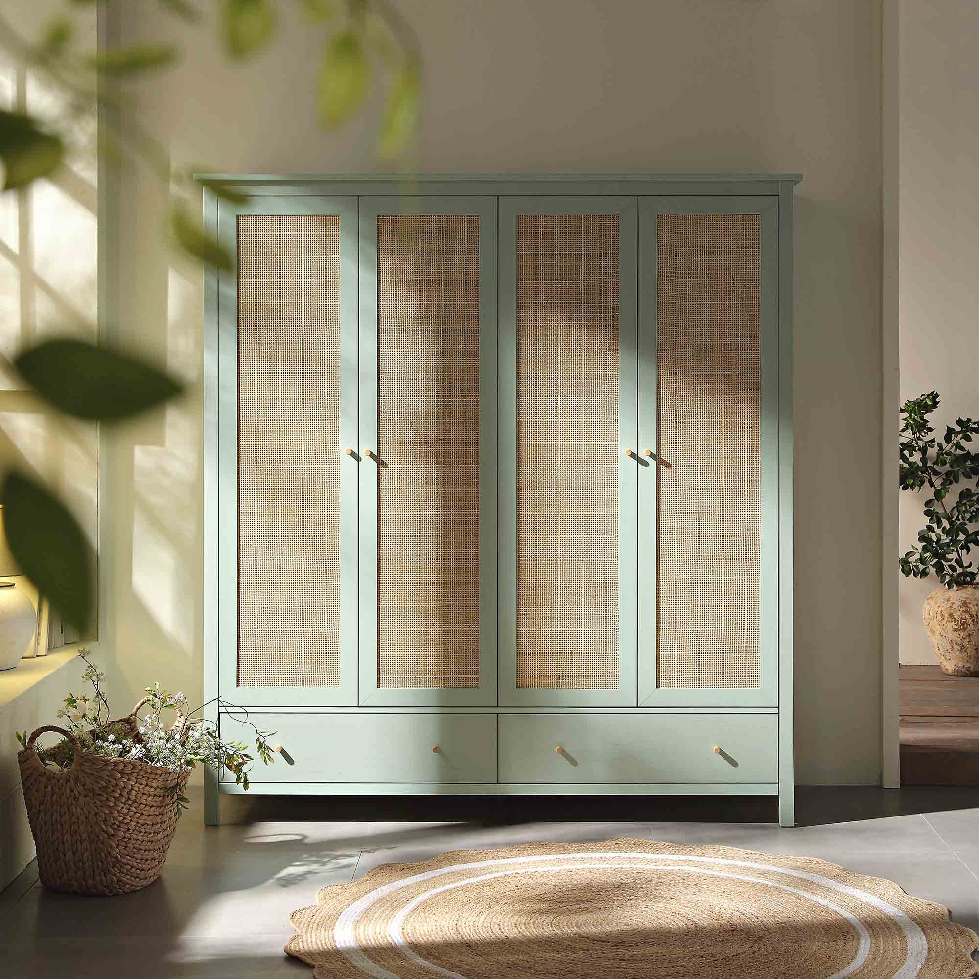 Frances Rattan 4-Door Wardrobe with 2 Drawers, Mint