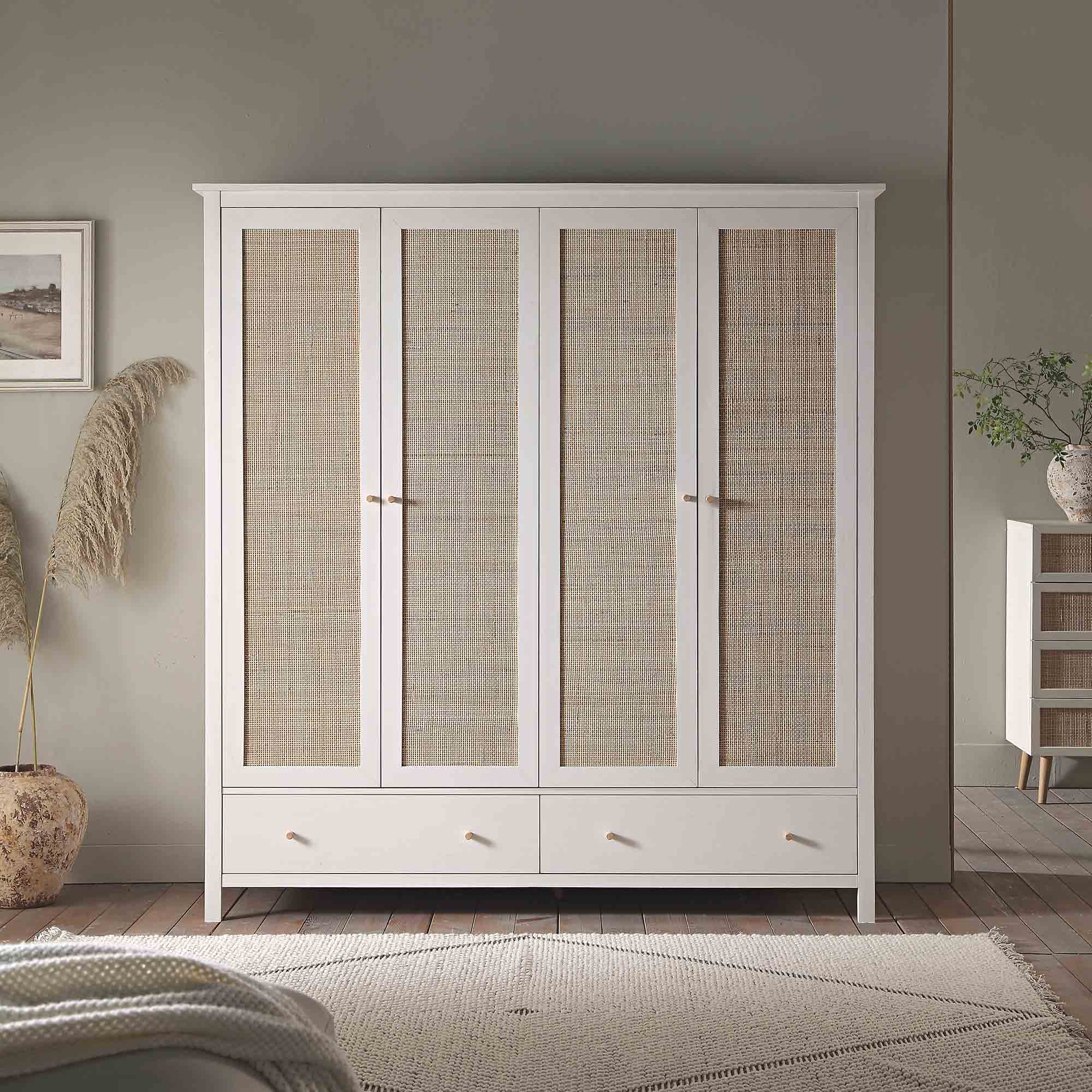 Frances Rattan 4-Door Wardrobe with 2 Drawers, White