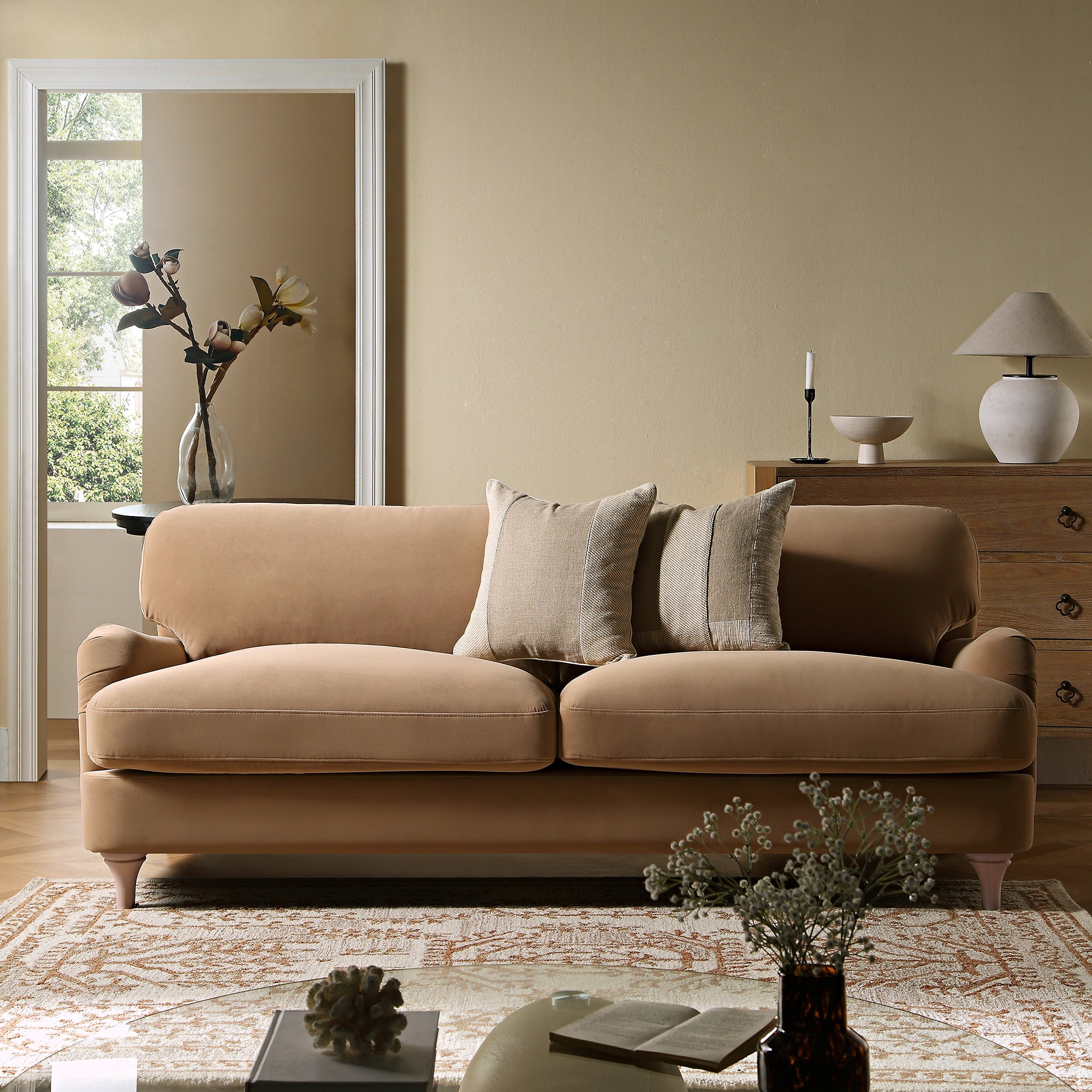 Daphnis Camel Velvet Sofa, 3-Seater