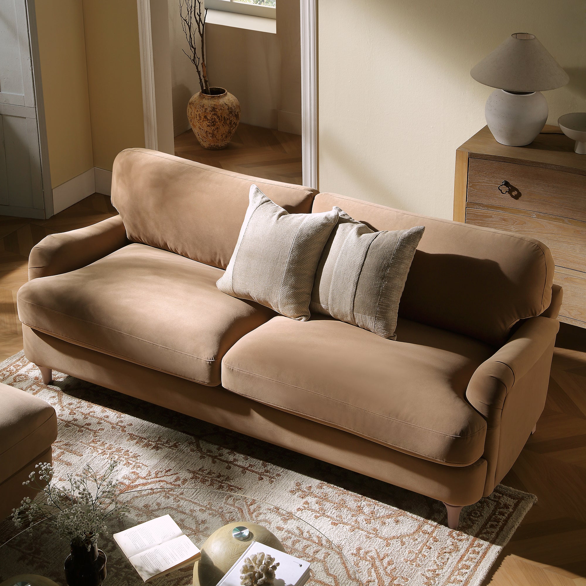 Daphnis Camel Velvet Sofa, 3-Seater