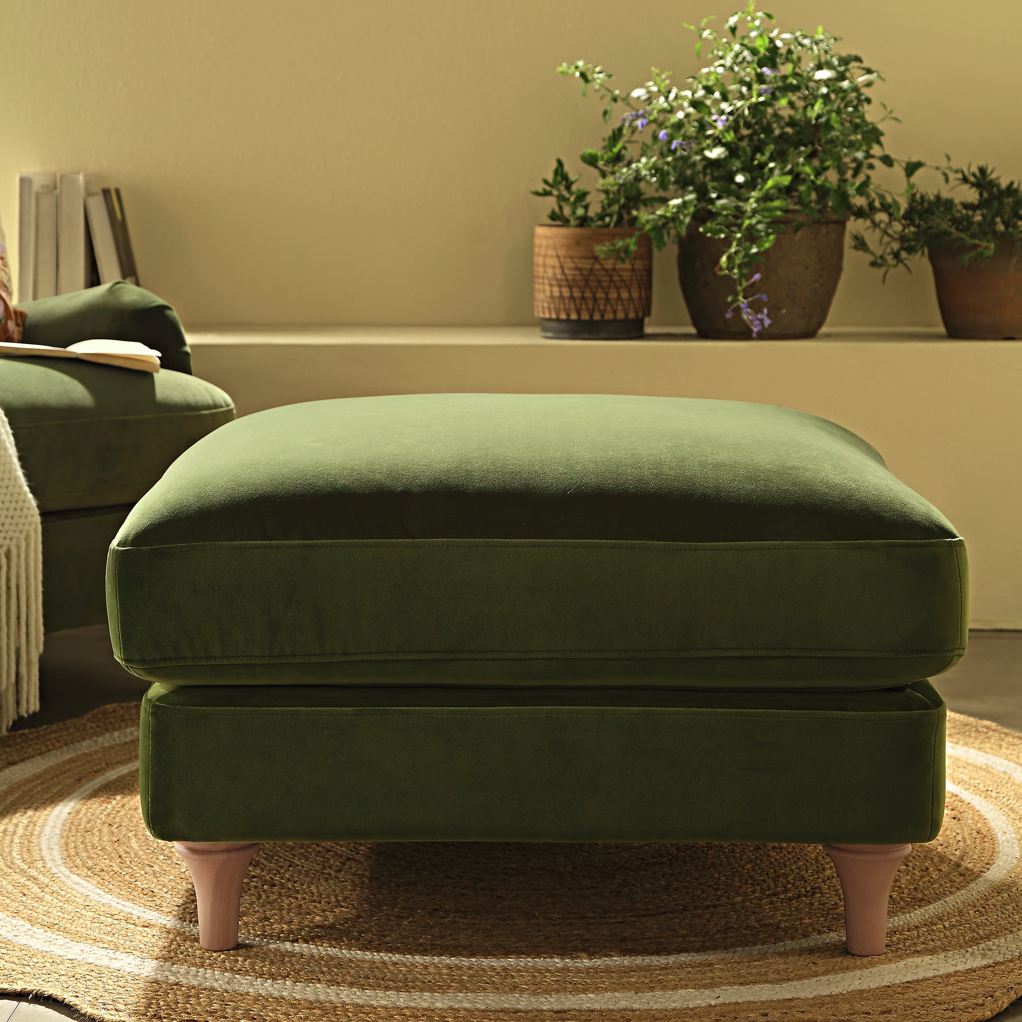 Daphnis Fern Green Velvet Sofa, Footstool