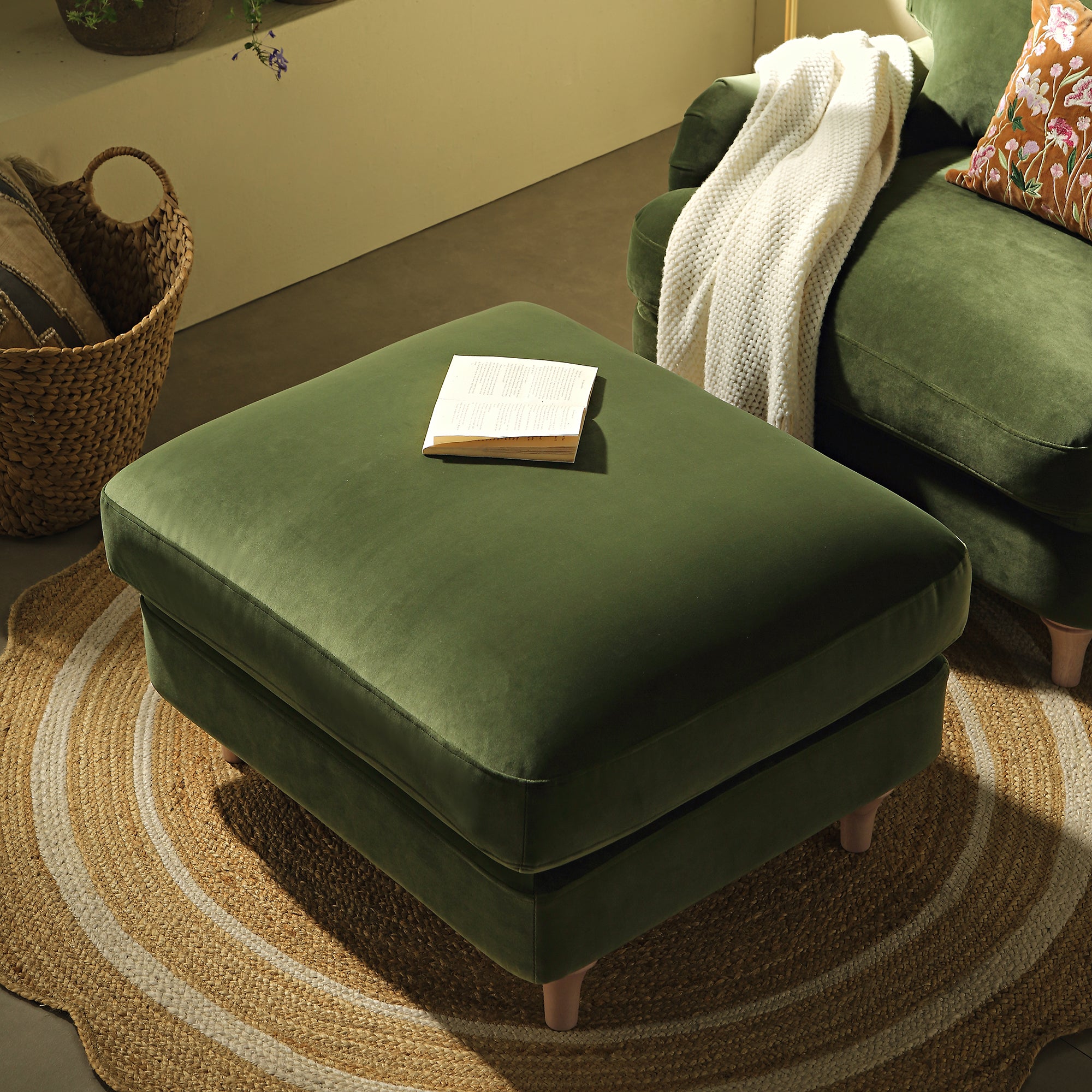 Daphnis Fern Green Velvet Sofa, Footstool