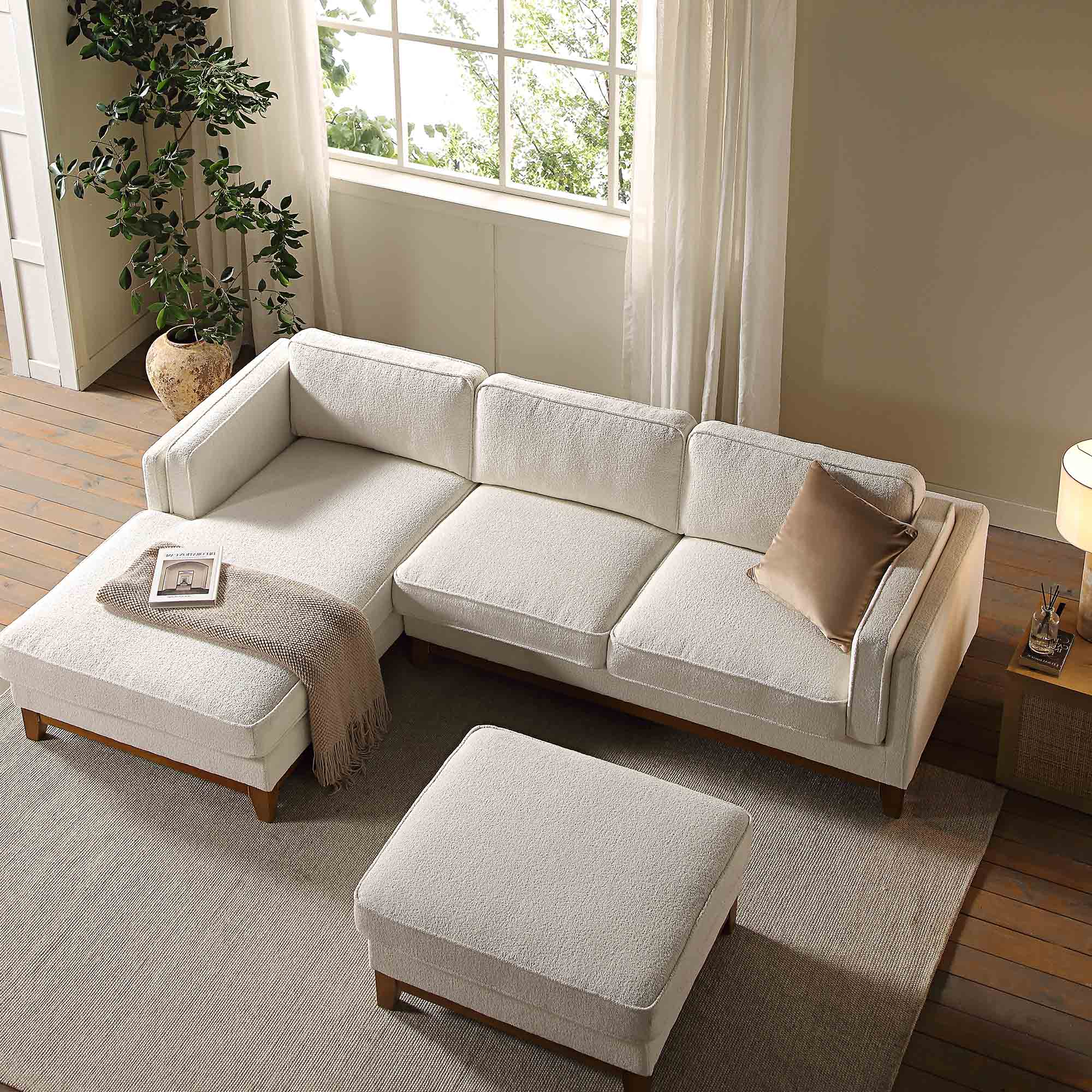 Dipley Beige Boucle Fabric Sofa, Grande Chaise Sofa Left Hand