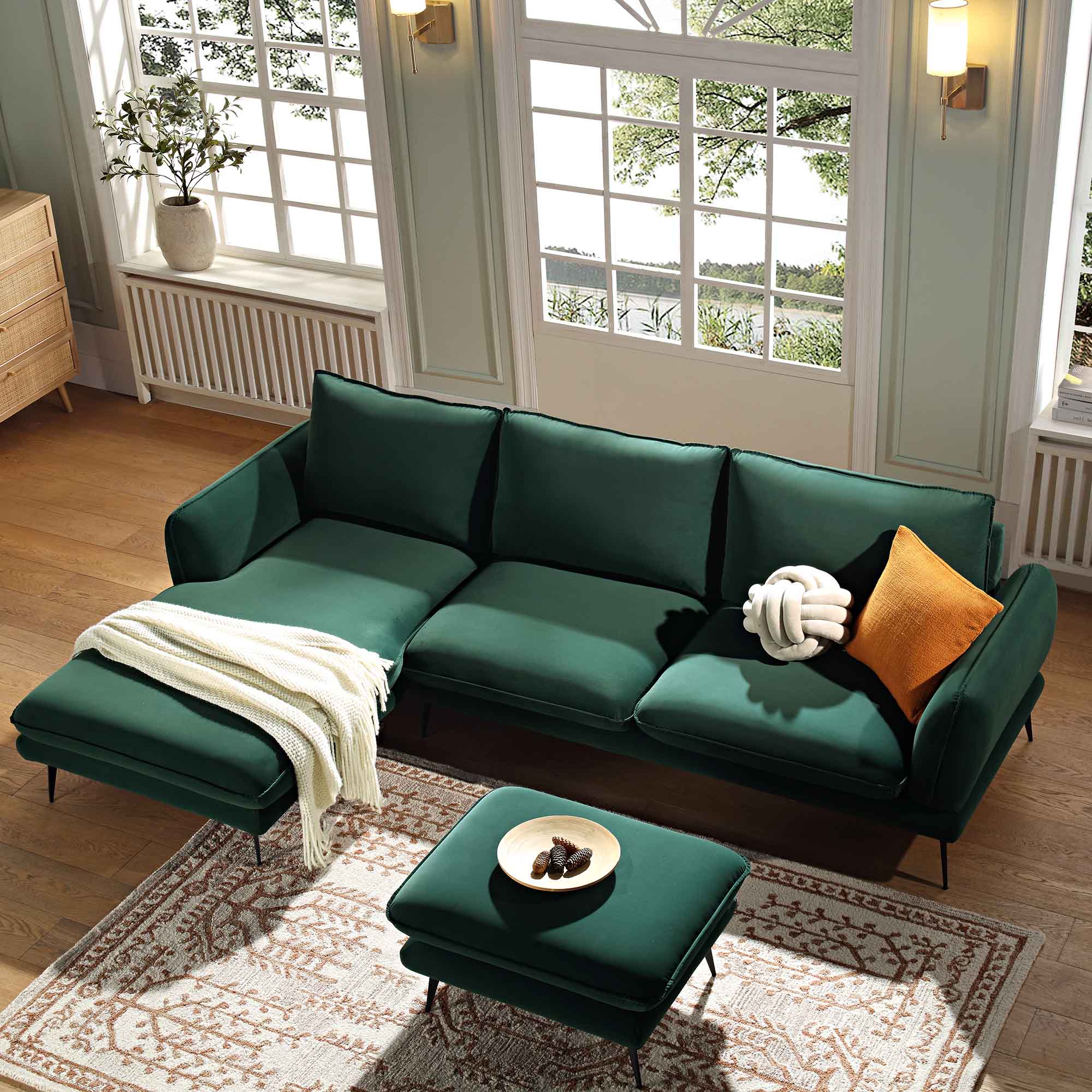 Obriel Forest Green Velvet Sofa, Grande Chaise Sofa Left Hand