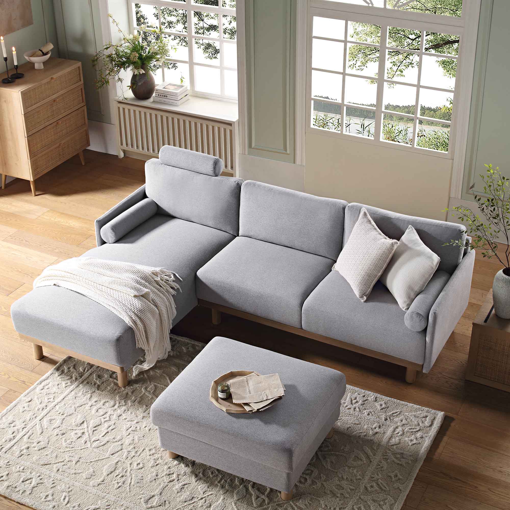 Timber Grey Marl Fabric Sofa, Large 3-Seater Chaise Sofa Left Hand