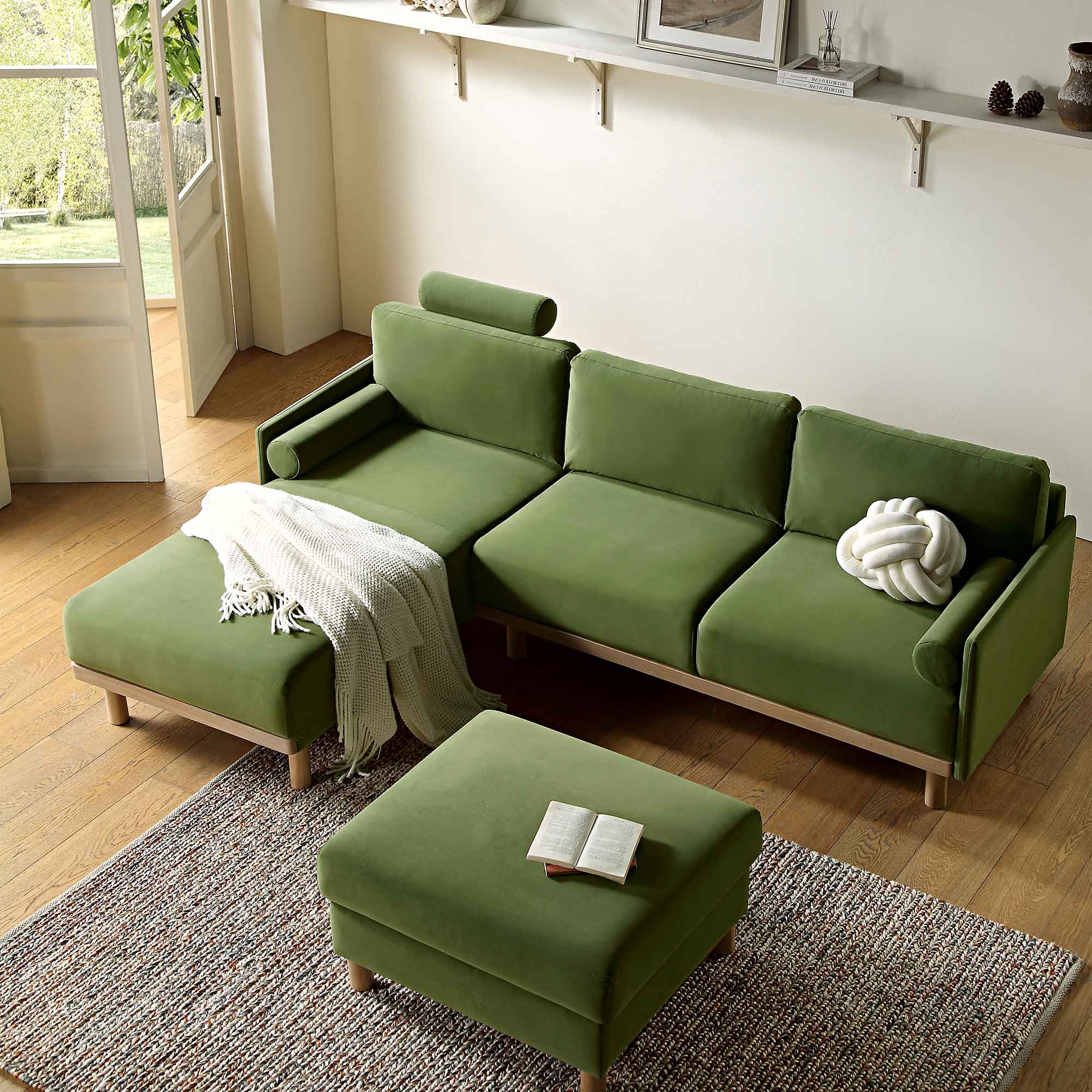 Timber Fern Green Velvet Sofa, Large 3-Seater Chaise Sofa Left Hand