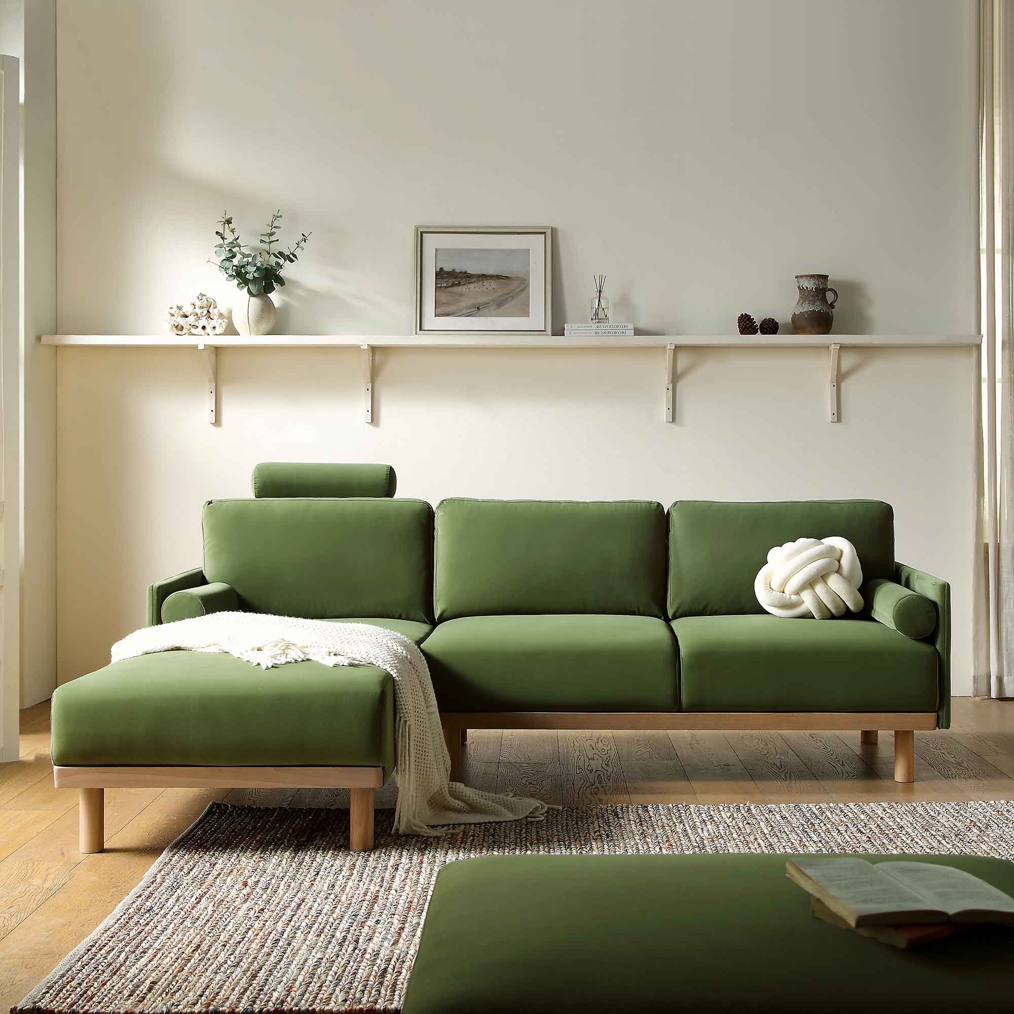 Timber Fern Green Velvet Sofa, Large 3-Seater Chaise Sofa Left Hand