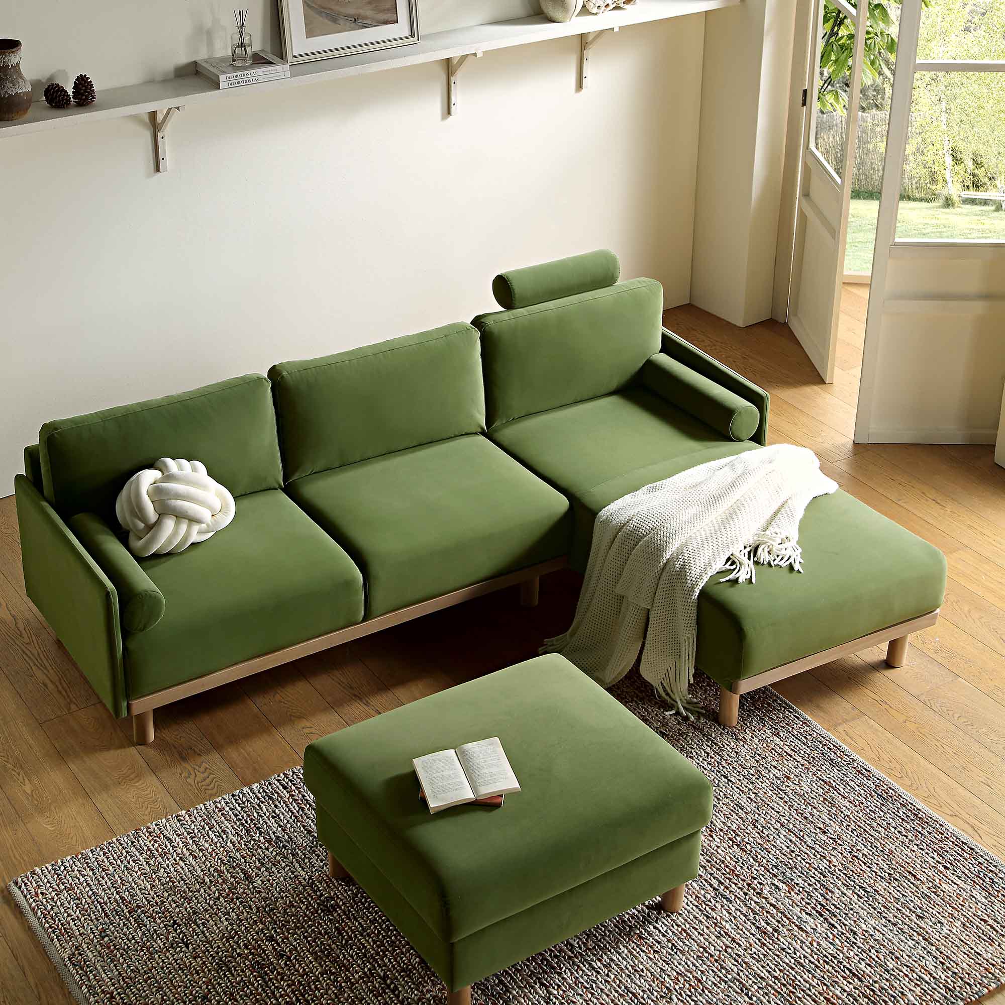 Timber Fern Green Velvet Sofa, Large 3-Seater Chaise Sofa Right Hand