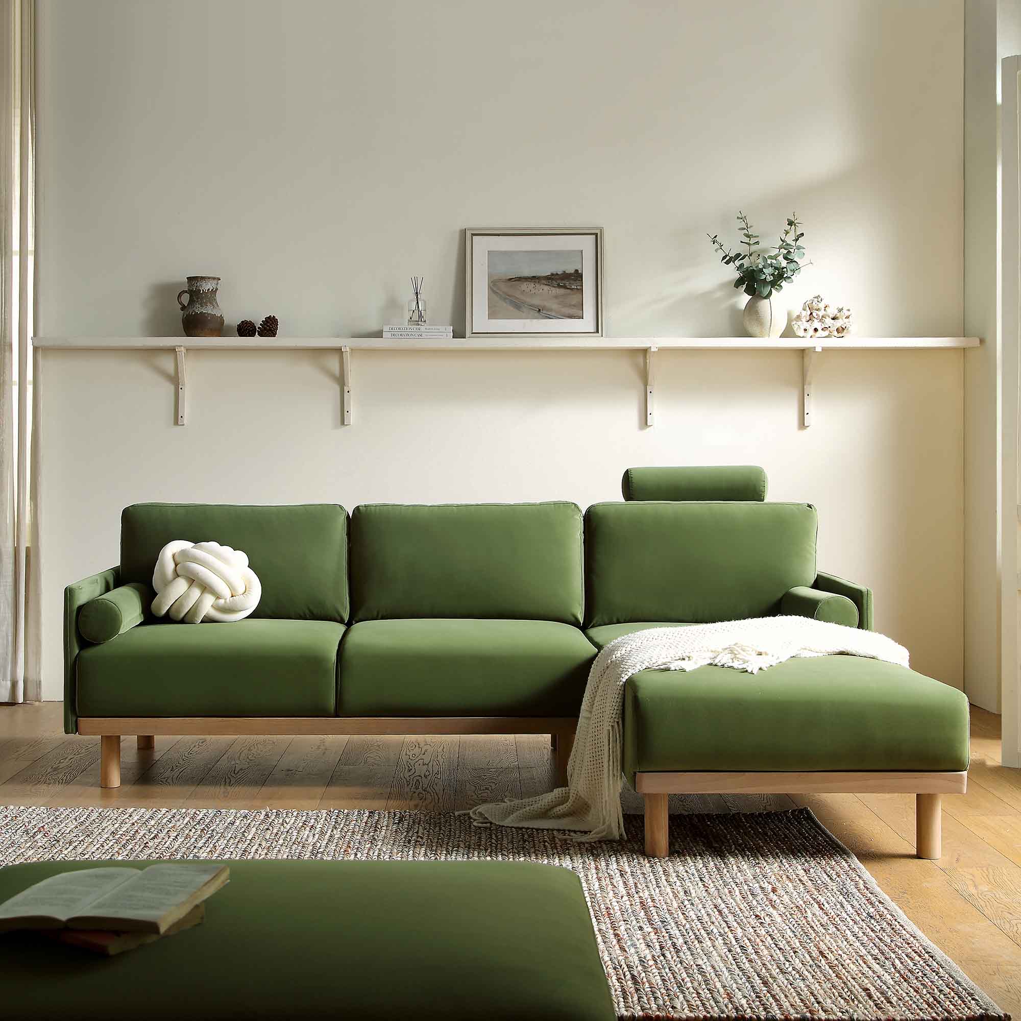 Timber Fern Green Velvet Sofa, Large 3-Seater Chaise Sofa Right Hand