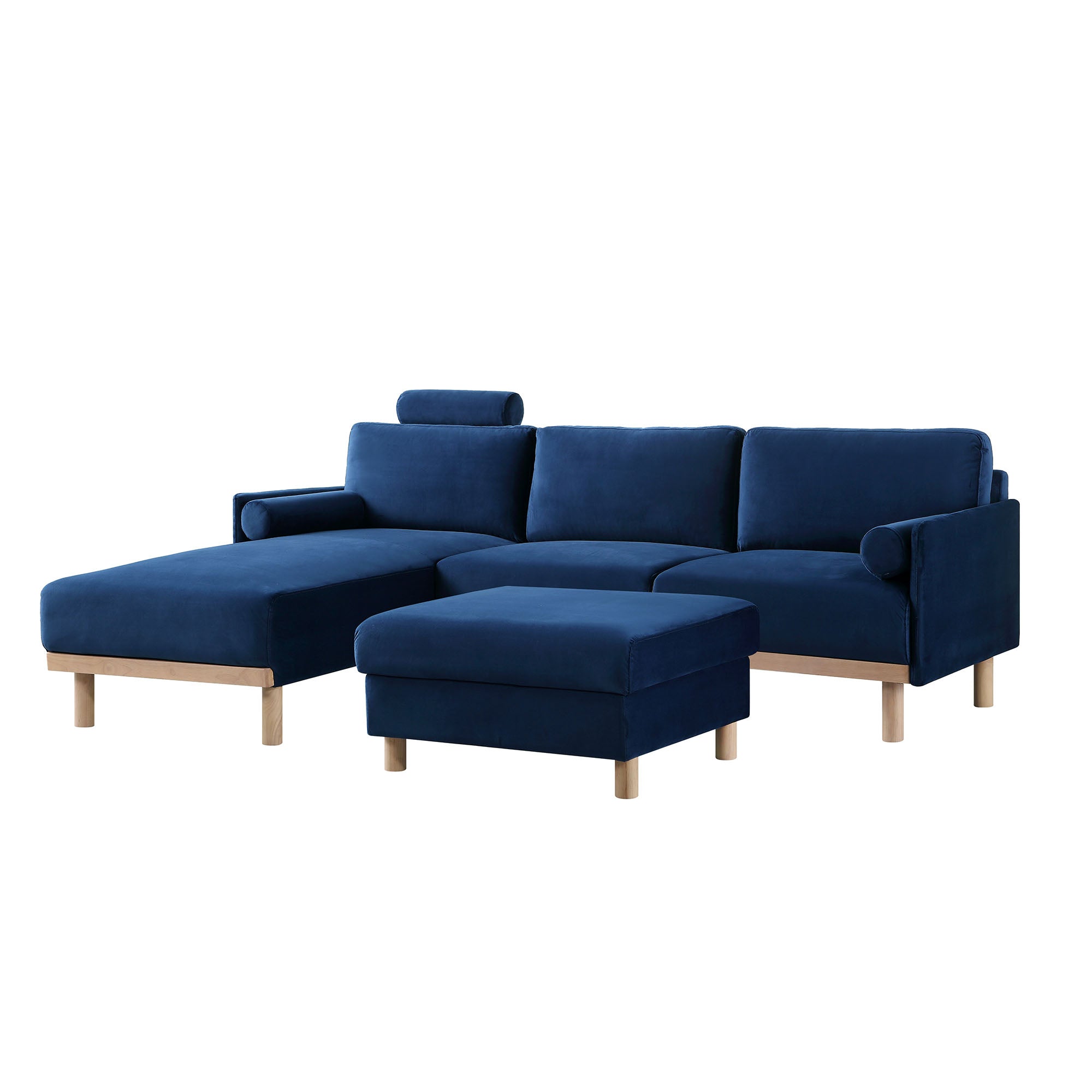 Timber Navy Blue Velvet Sofa, Large 3-Seater Chaise Sofa Left Hand