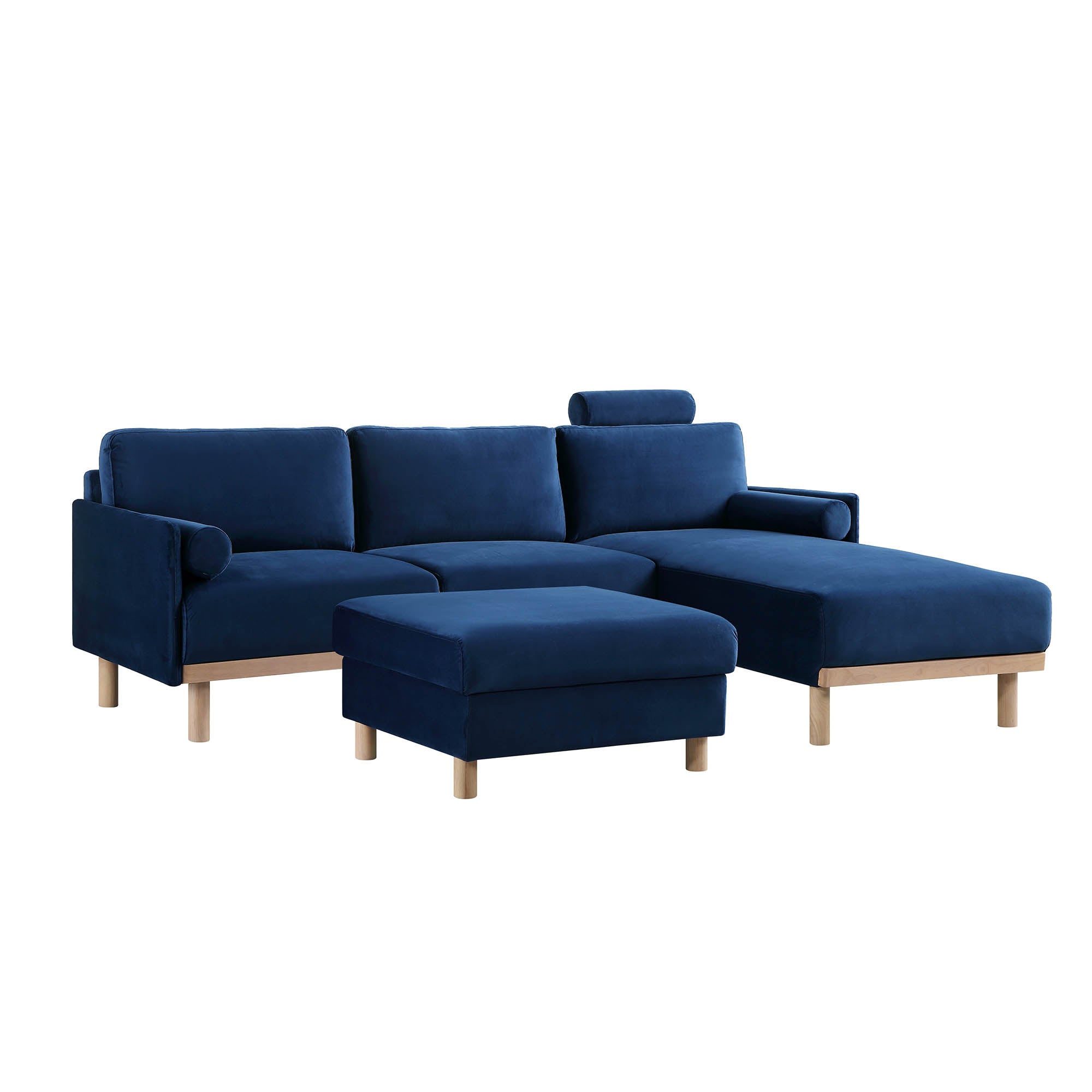 Timber Navy Blue Velvet Sofa, Large 3-Seater Chaise Sofa Right Hand