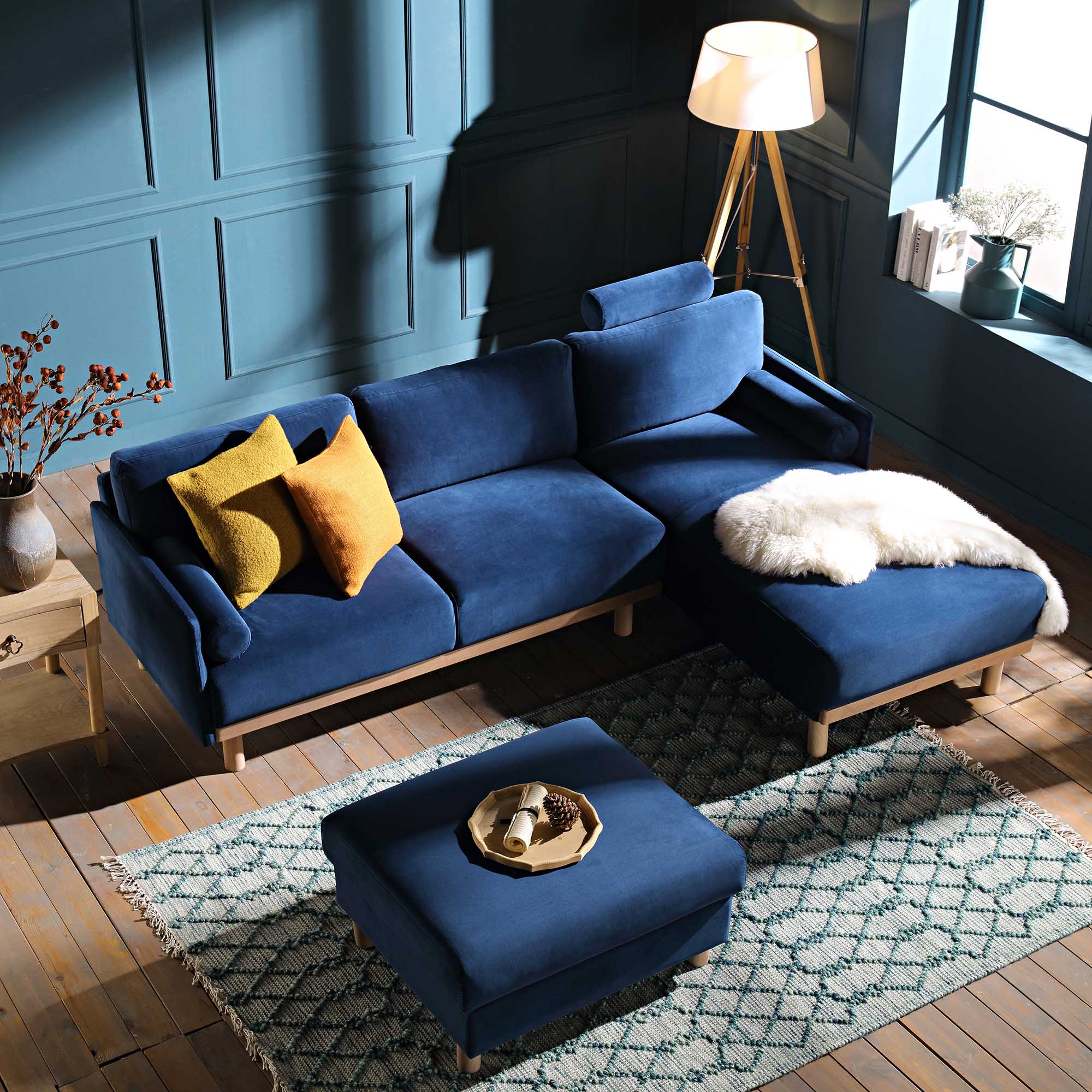 Timber Navy Blue Velvet Sofa, Large 3-Seater Chaise Sofa Right Hand