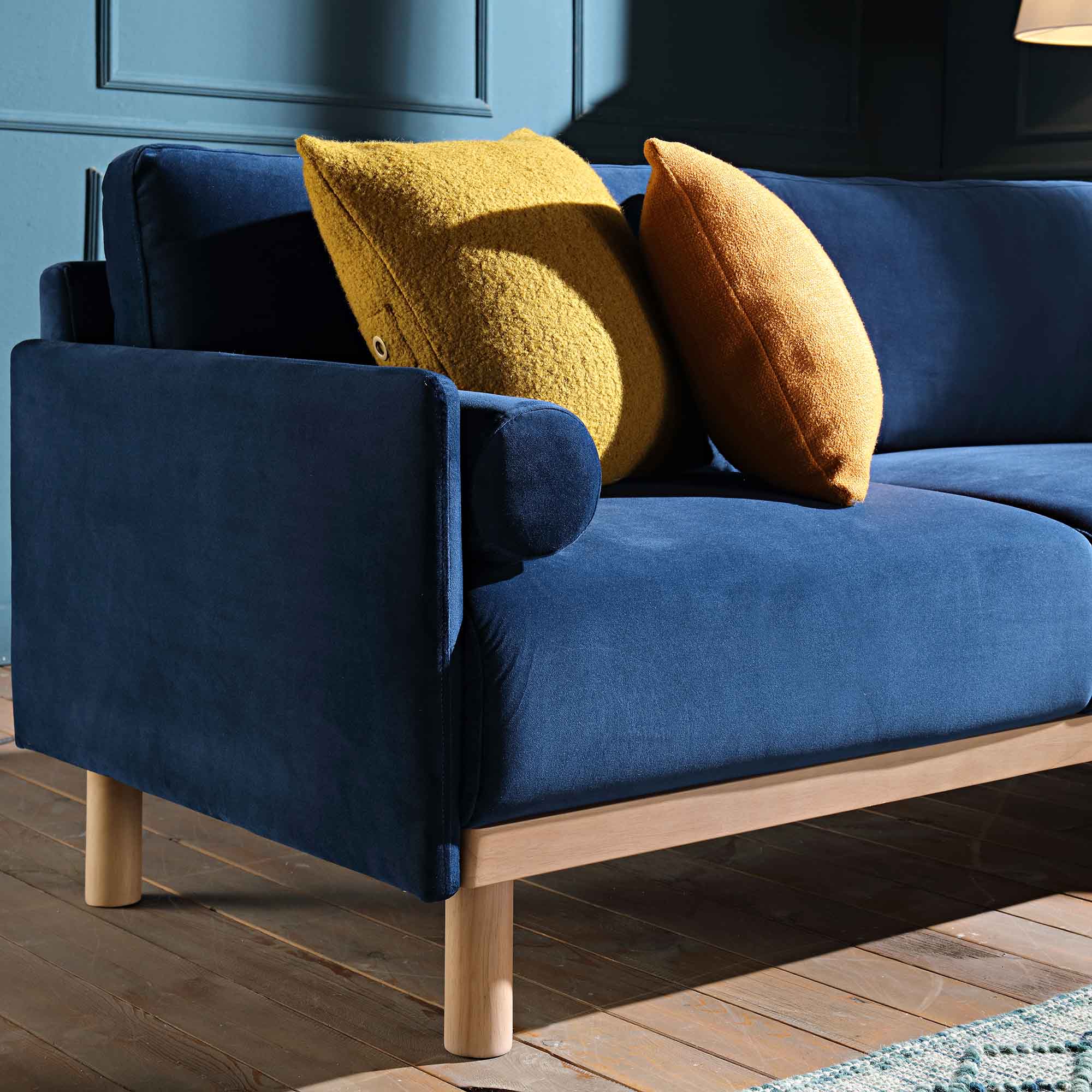 Timber Navy Blue Velvet Sofa, Large 3-Seater Chaise Sofa Right Hand