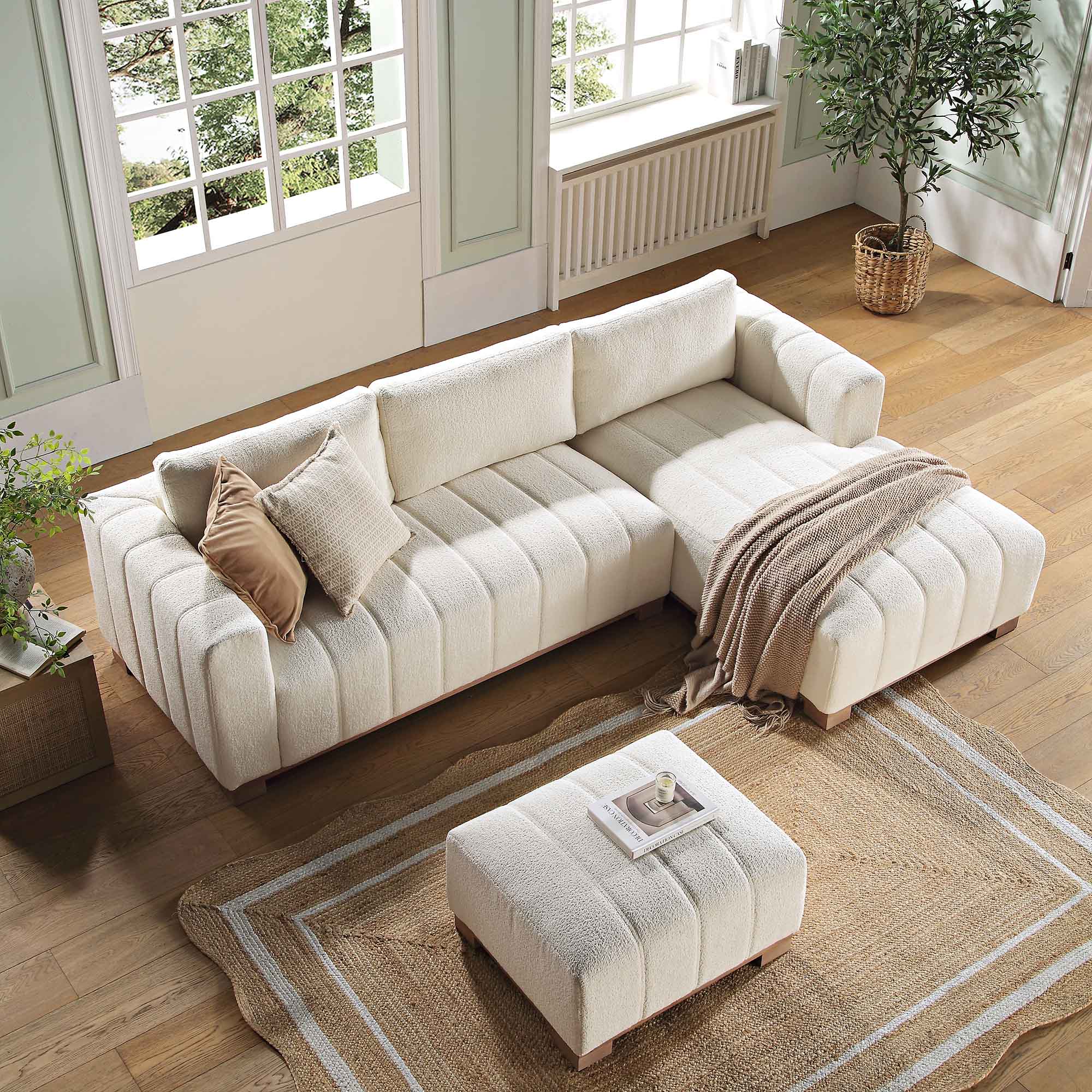 Belsize Beige Boucle Sofa with Wooden Base, Large Chaise Right Hand | daals