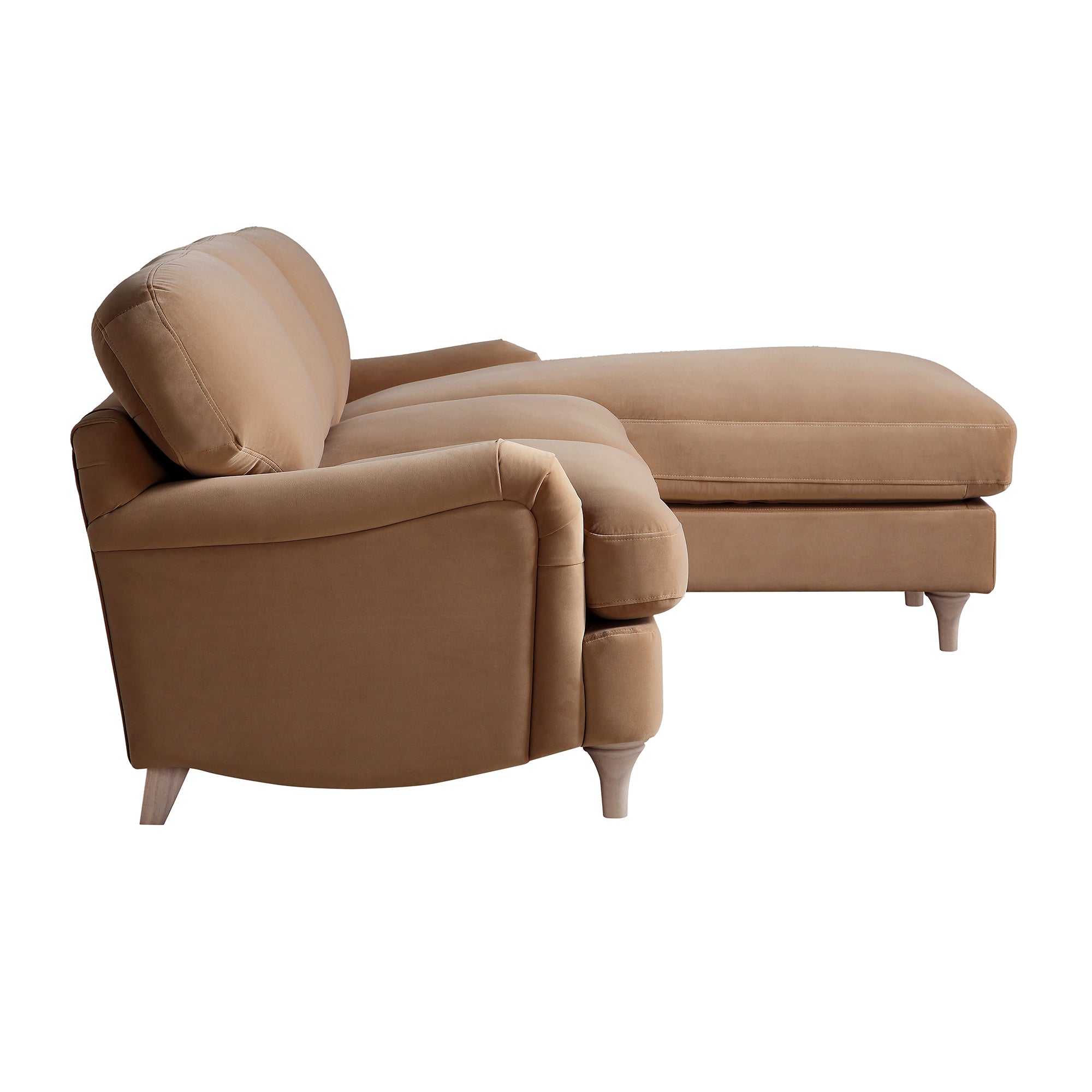 Daphnis Camel Velvet Sofa, Grande Chaise Sofa Right Hand