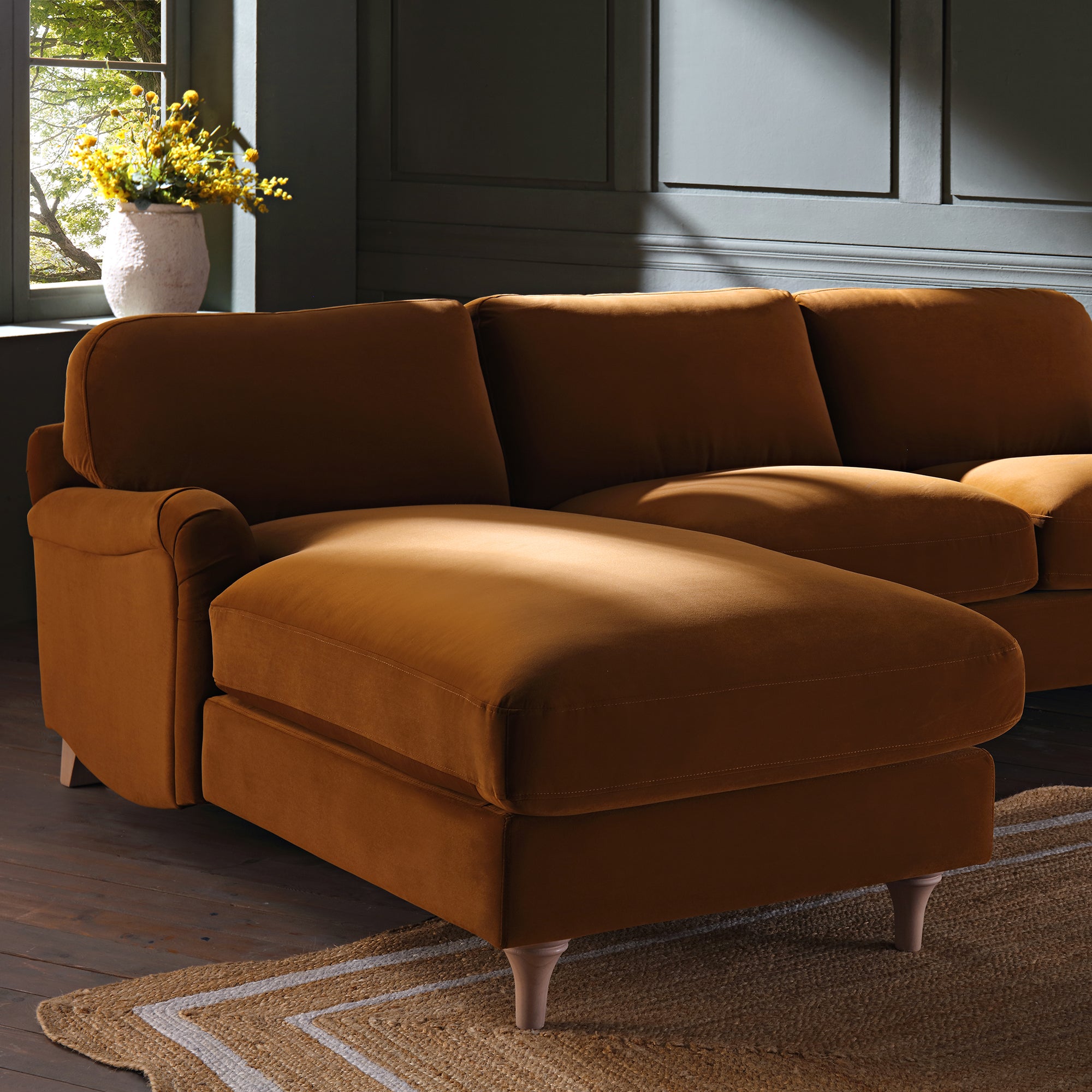 Daphnis Cinnamon Velvet Sofa, Grande Chaise Sofa Left Hand