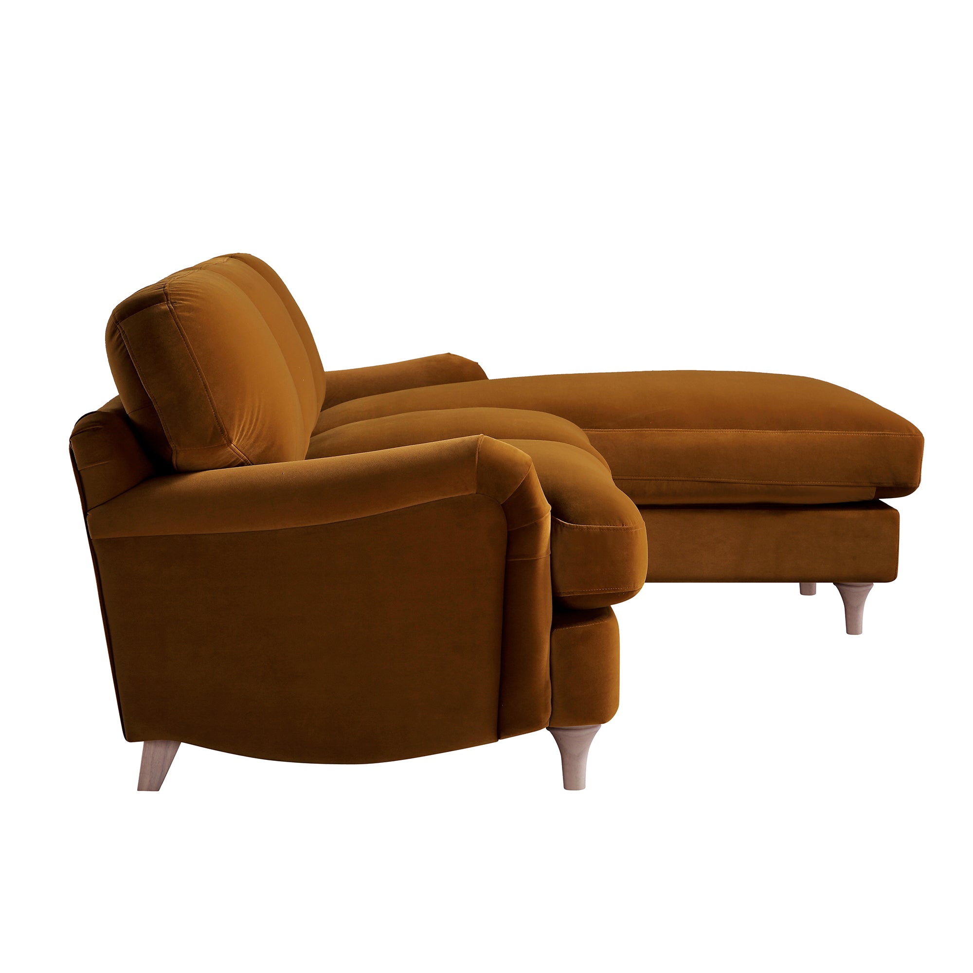 Daphnis Cinnamon Velvet Sofa, Grande Chaise Sofa Right Hand