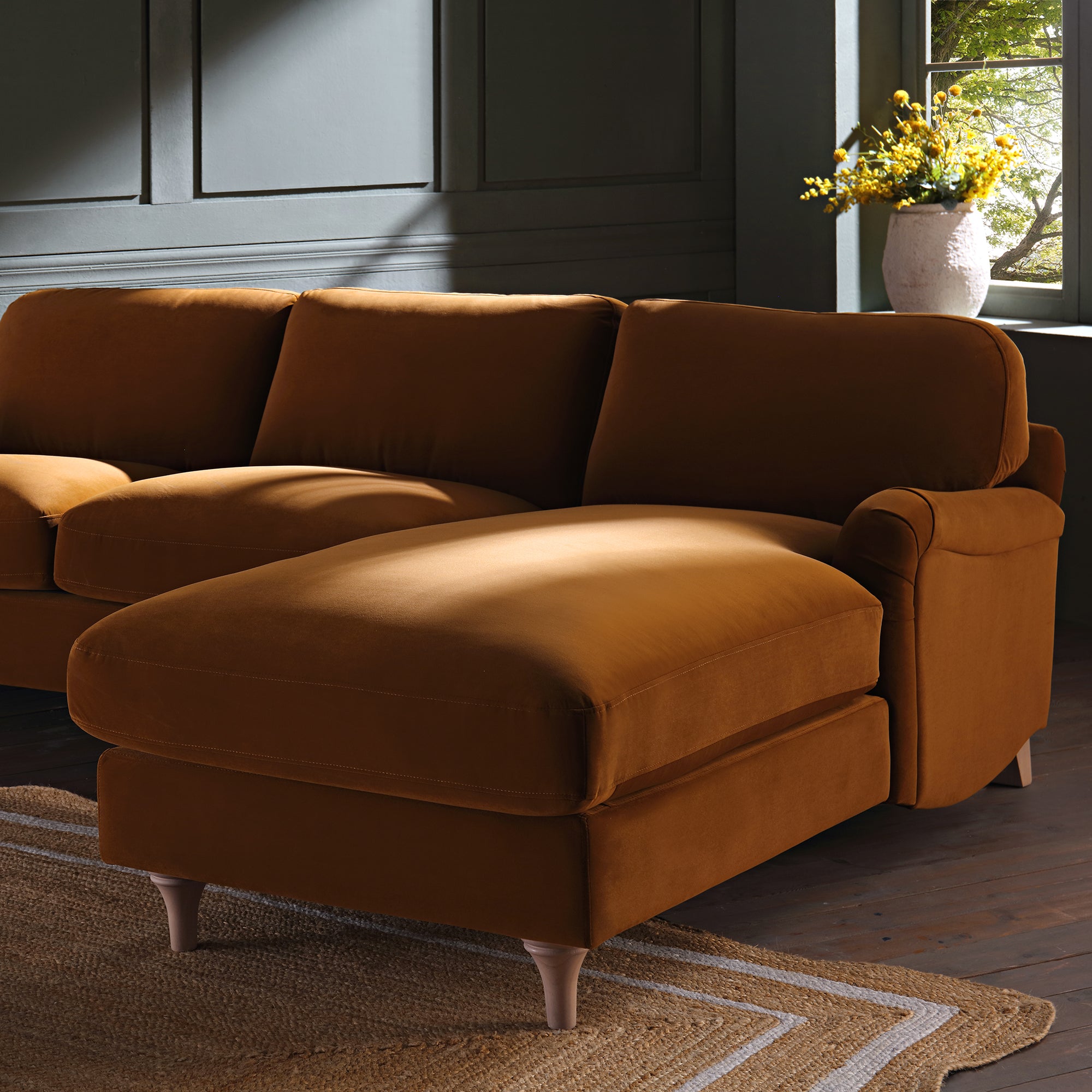 Daphnis Cinnamon Velvet Sofa, Grande Chaise Sofa Right Hand