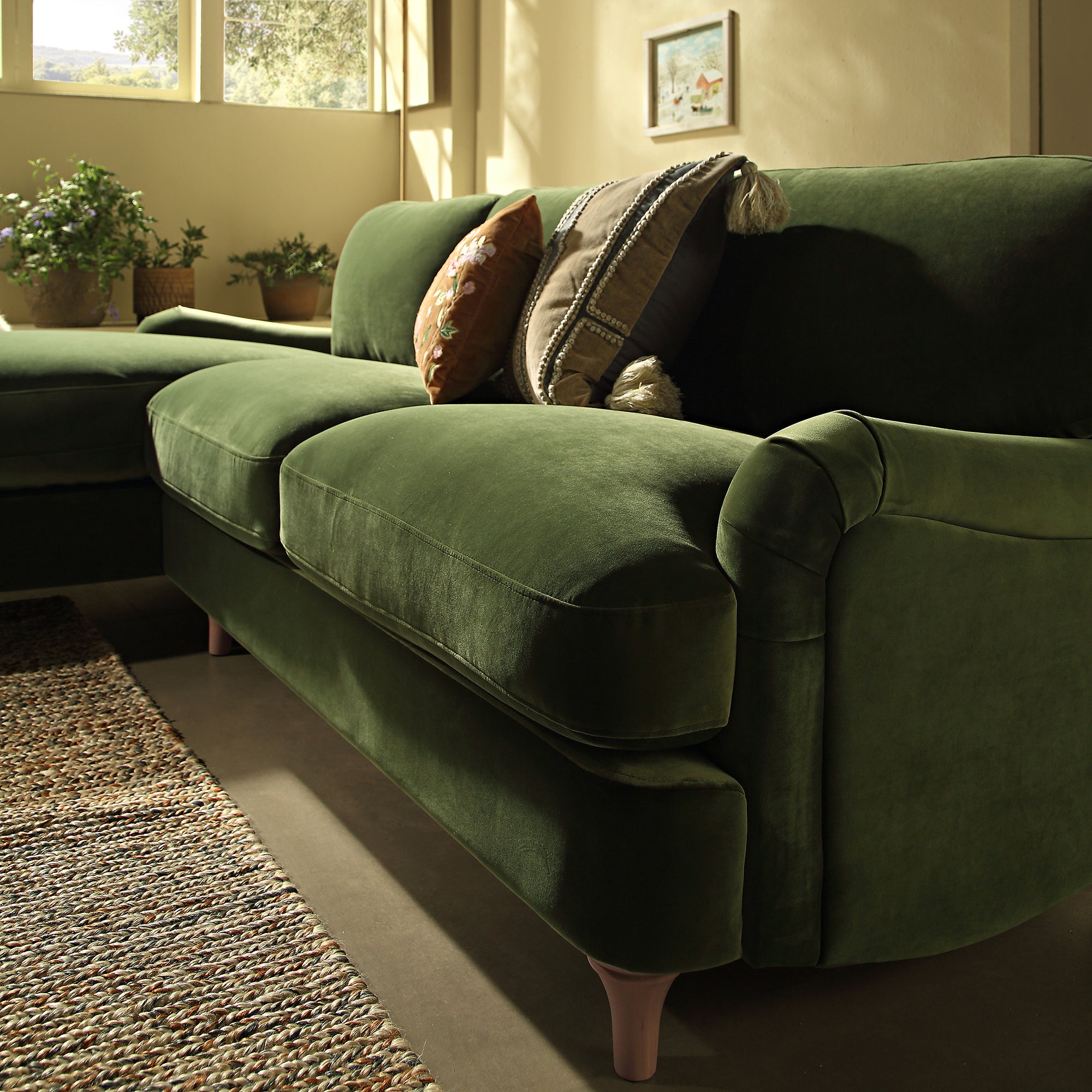 Daphnis Fern Green Velvet Sofa, Grande Chaise Sofa Left Hand