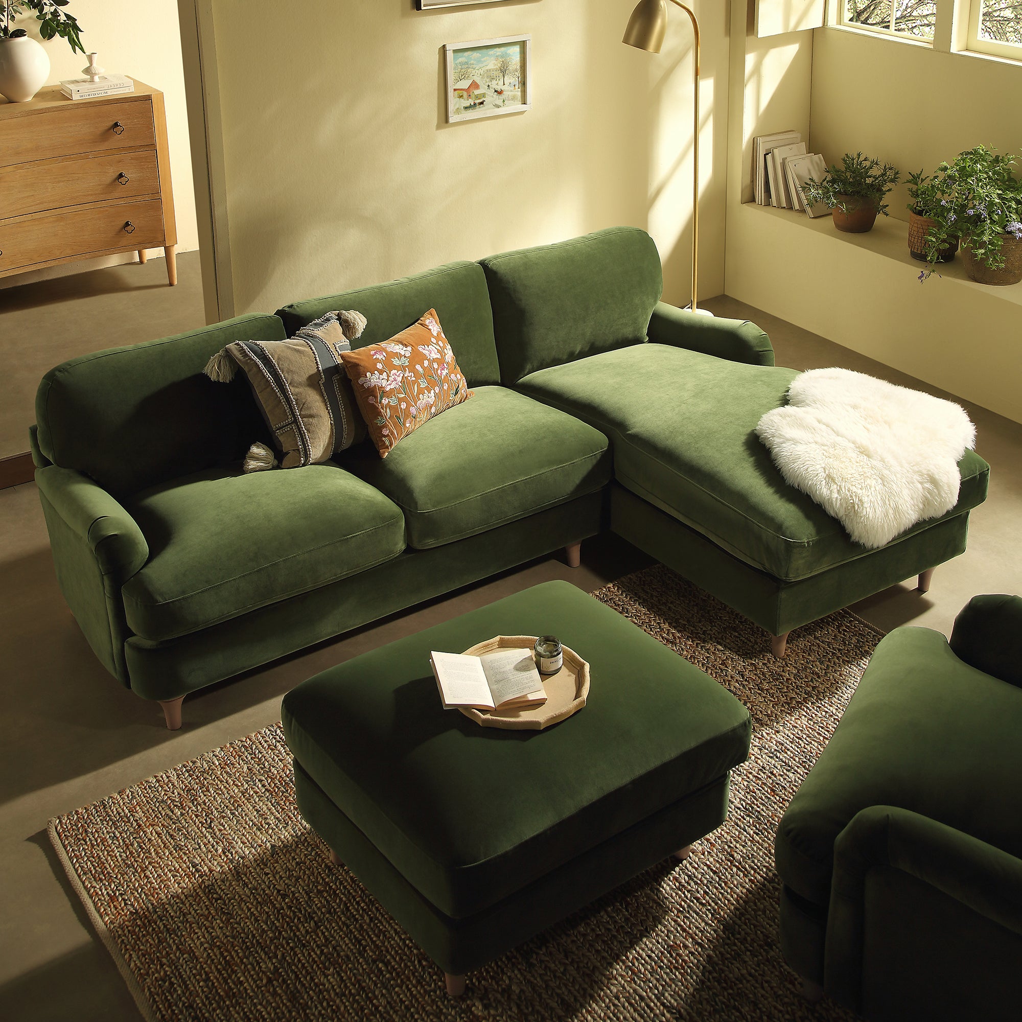 Daphnis Fern Green Velvet Sofa, Grande Chaise Sofa Right Hand