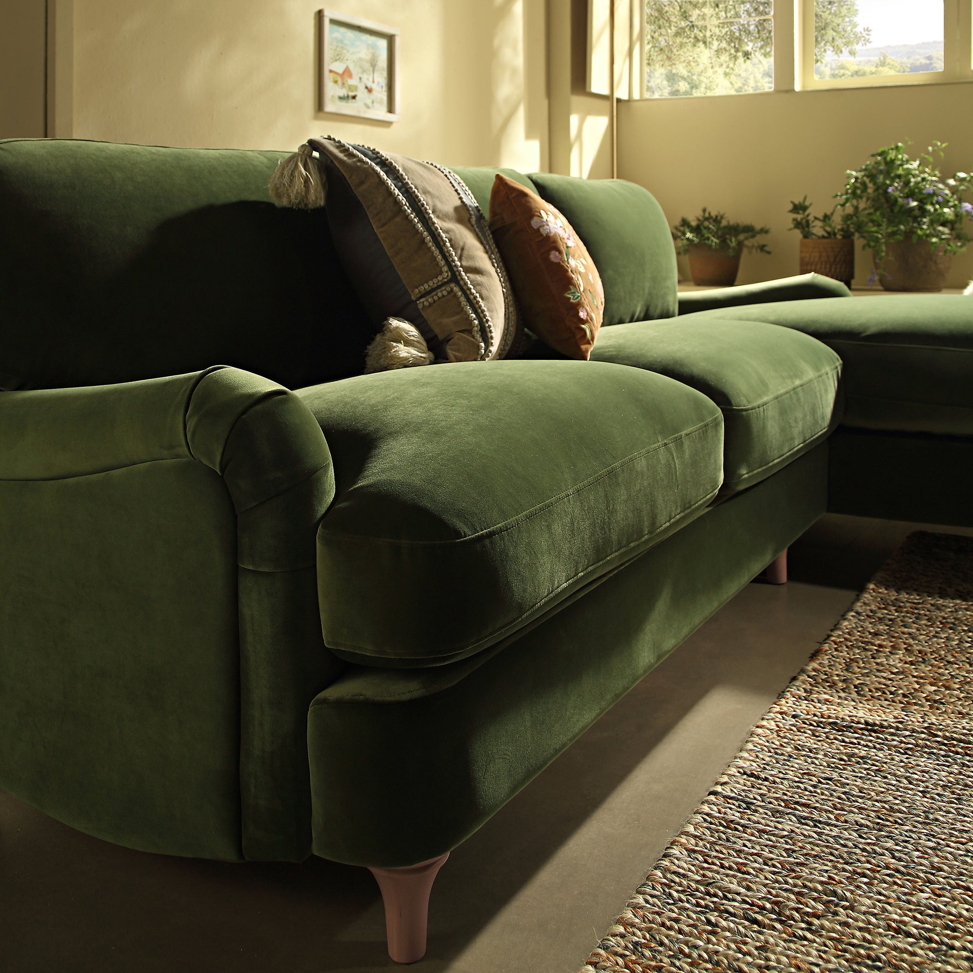 Daphnis Fern Green Velvet Sofa, Grande Chaise Sofa Right Hand