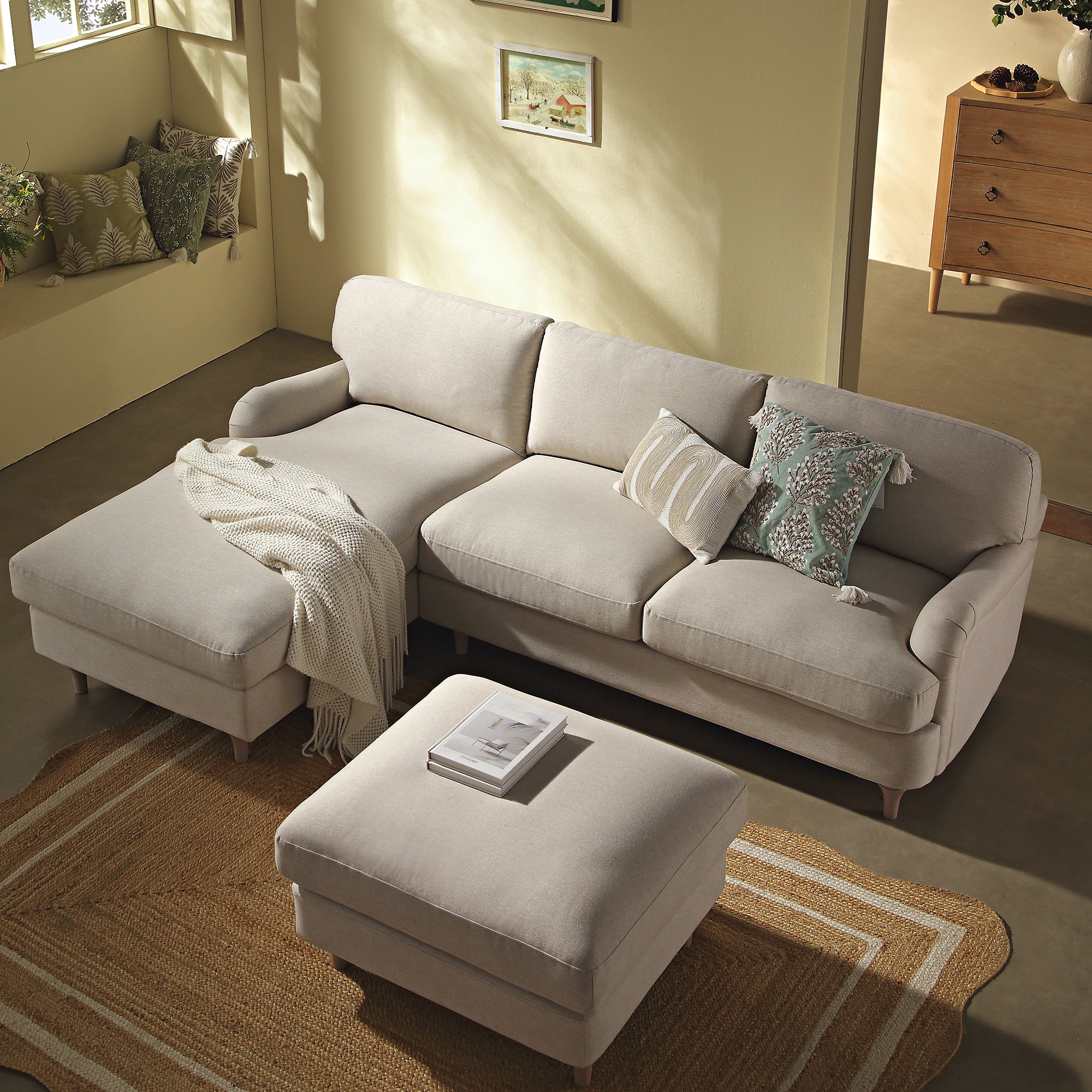 Daphnis Oatmeal Fabric Sofa, Grande Chaise Sofa Left Hand