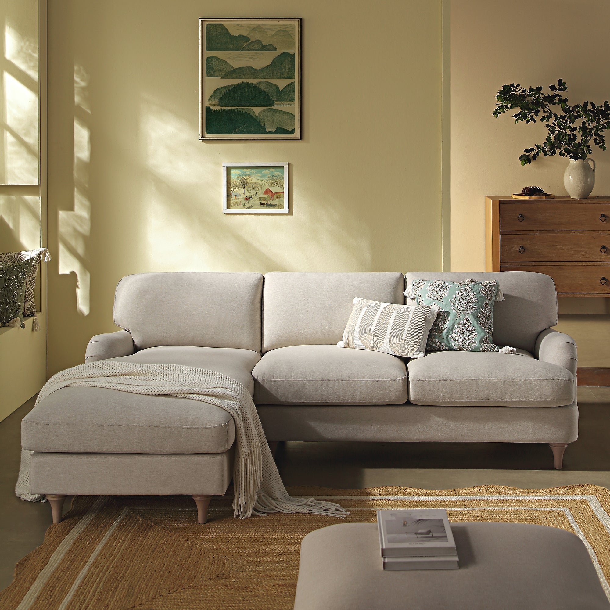 Daphnis Oatmeal Fabric Sofa, Grande Chaise Sofa Left Hand