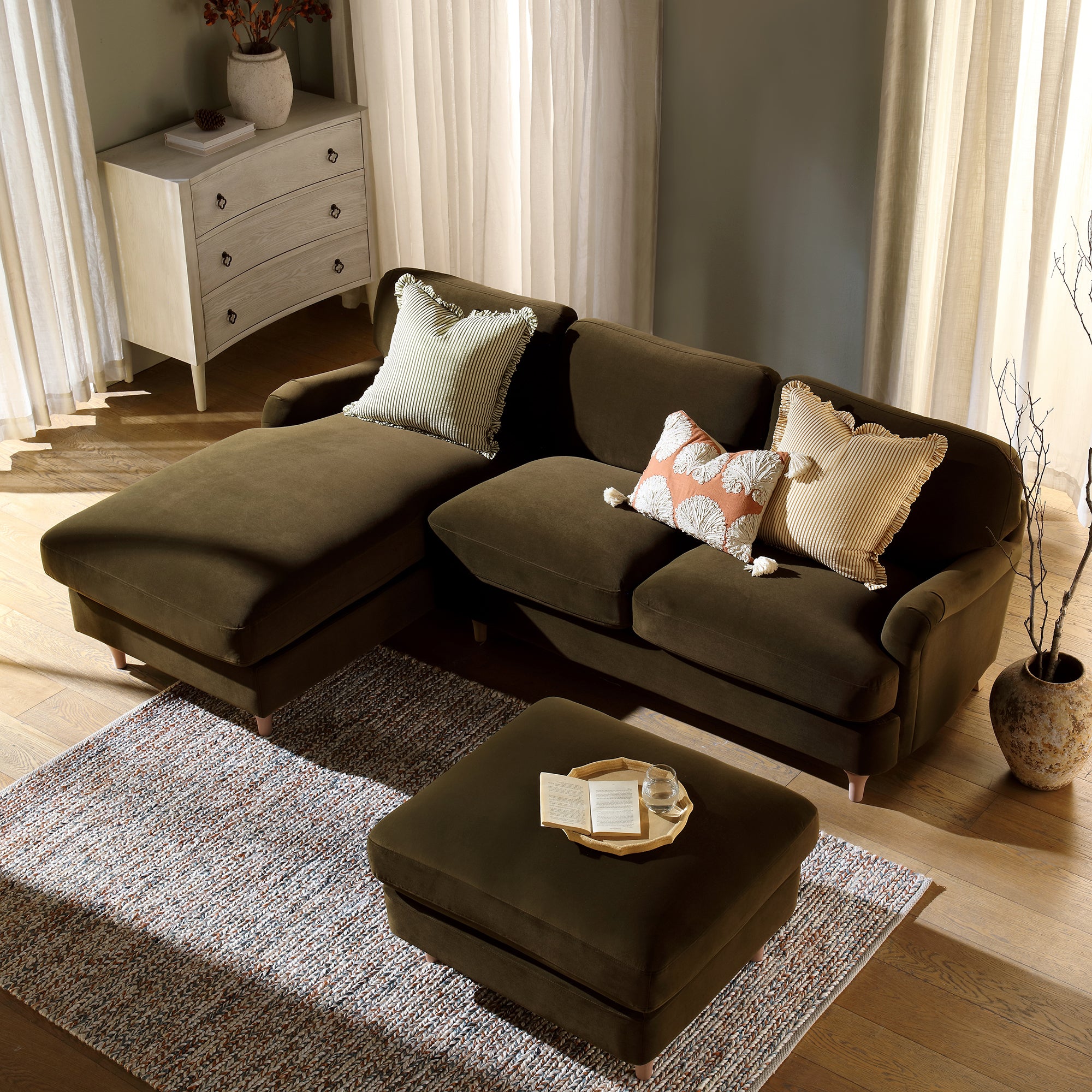 Daphnis Seaweed Velvet Sofa, Grande Chaise Sofa Left Hand