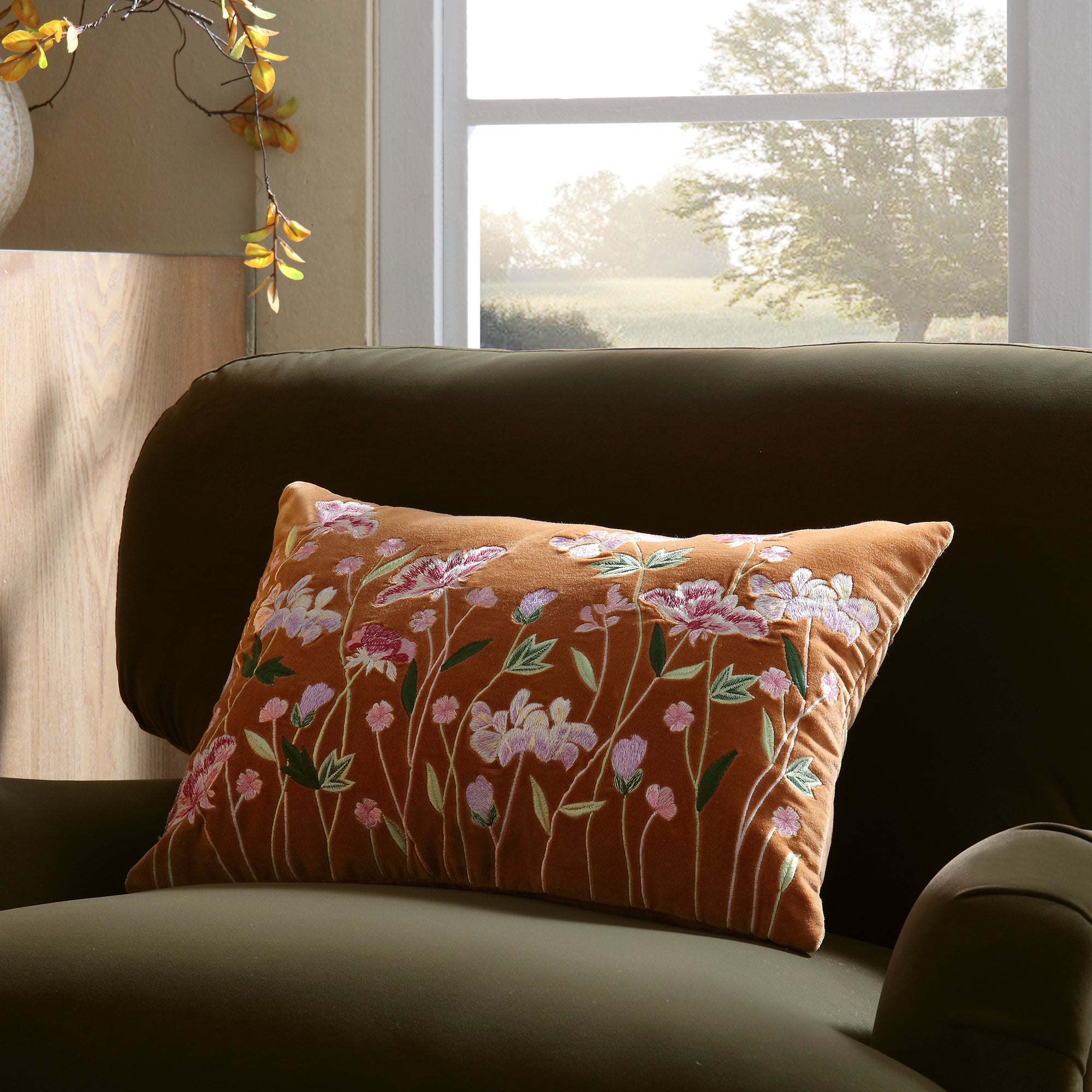 Botanica Collection Apricot Velvet Hand Embroidered Cushion