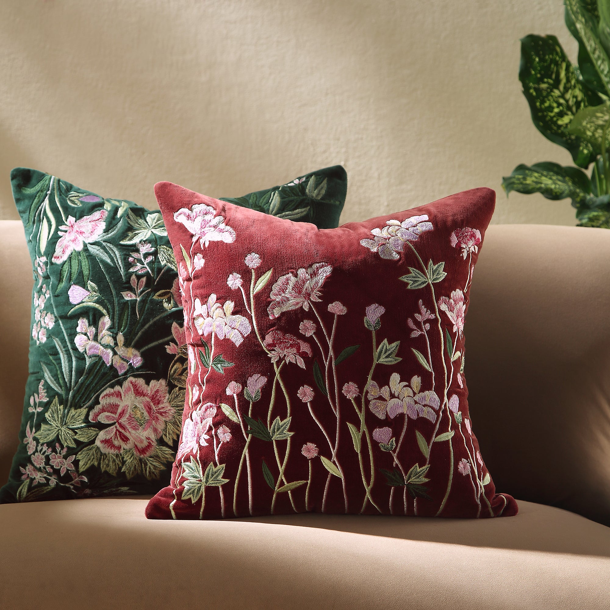 Botanica Collection Mulberry Velvet Hand Embroidered Cushion