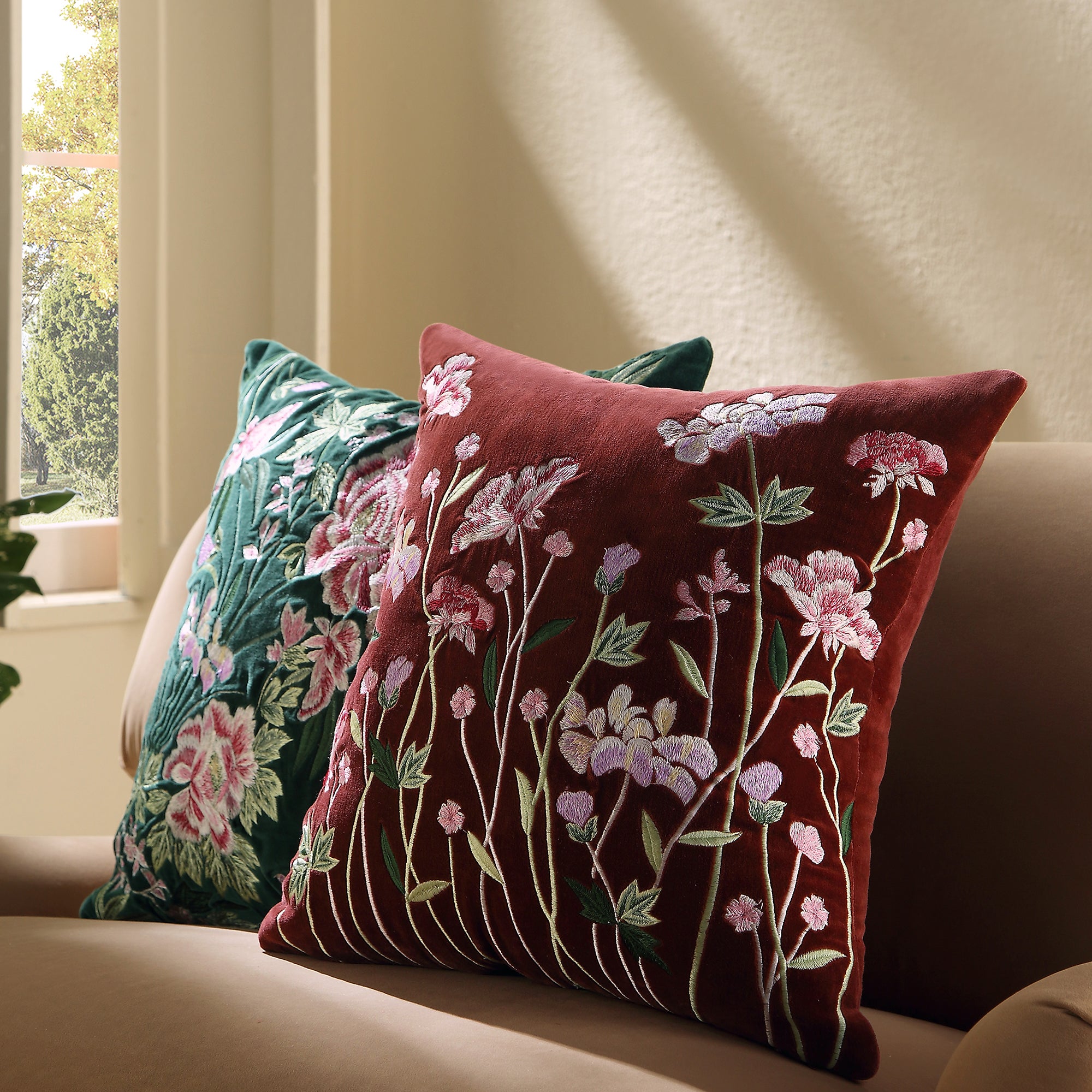 Botanica Collection Mulberry Velvet Hand Embroidered Cushion