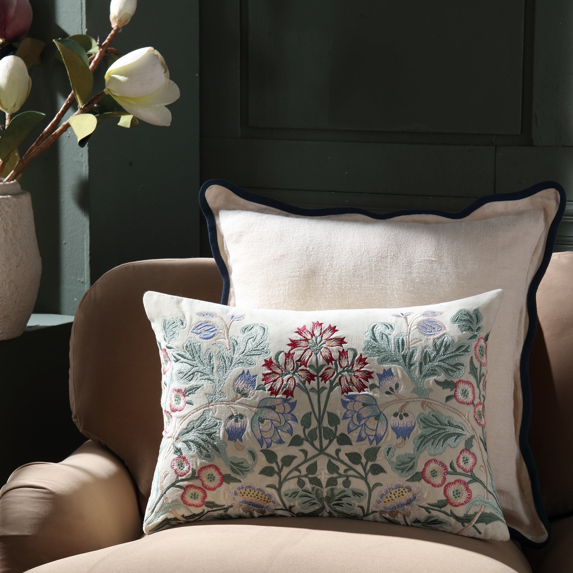 Botanica Collection Pearl Velvet Hand Embroidered Cushion