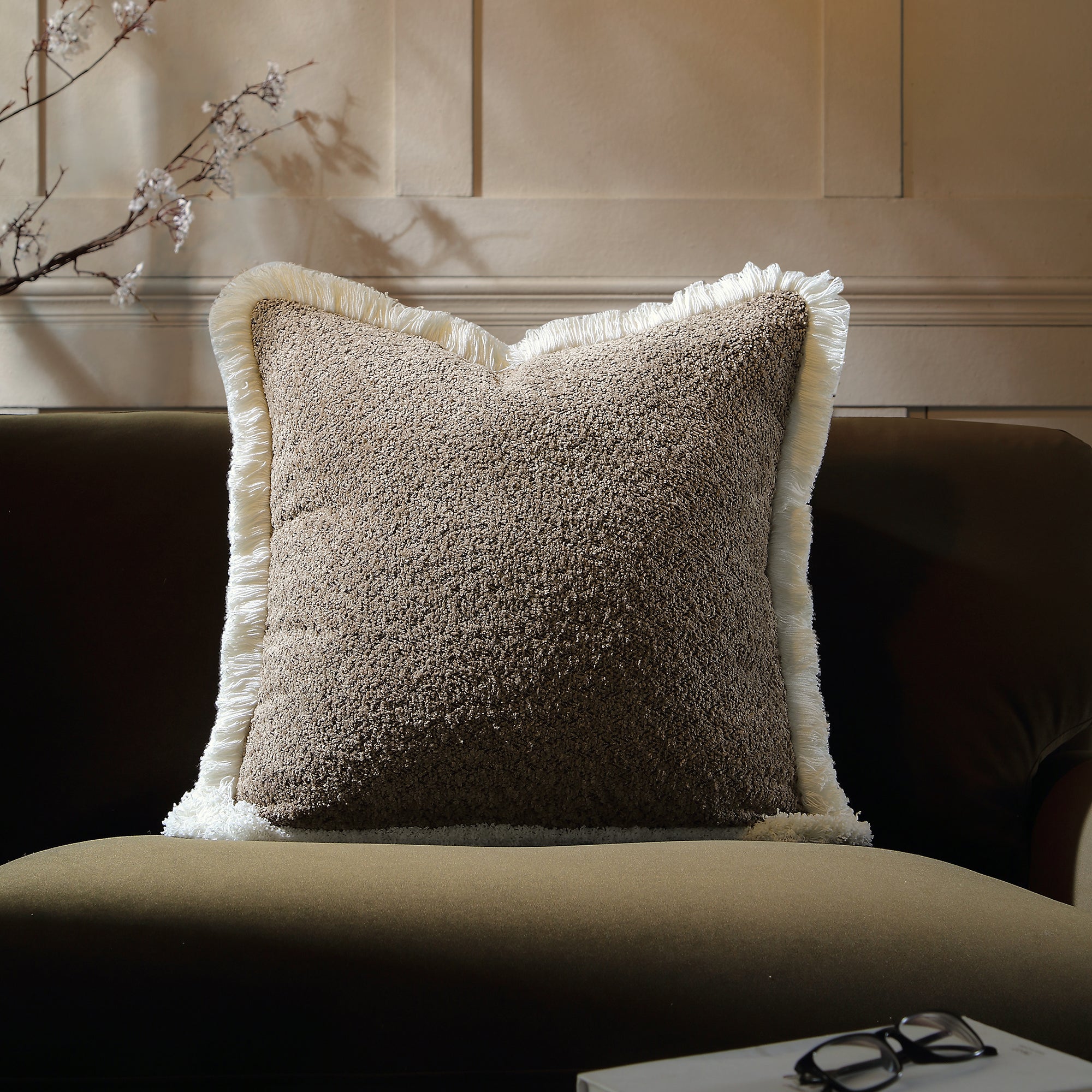 Kyra Bouclé Mink Fringed Cushion