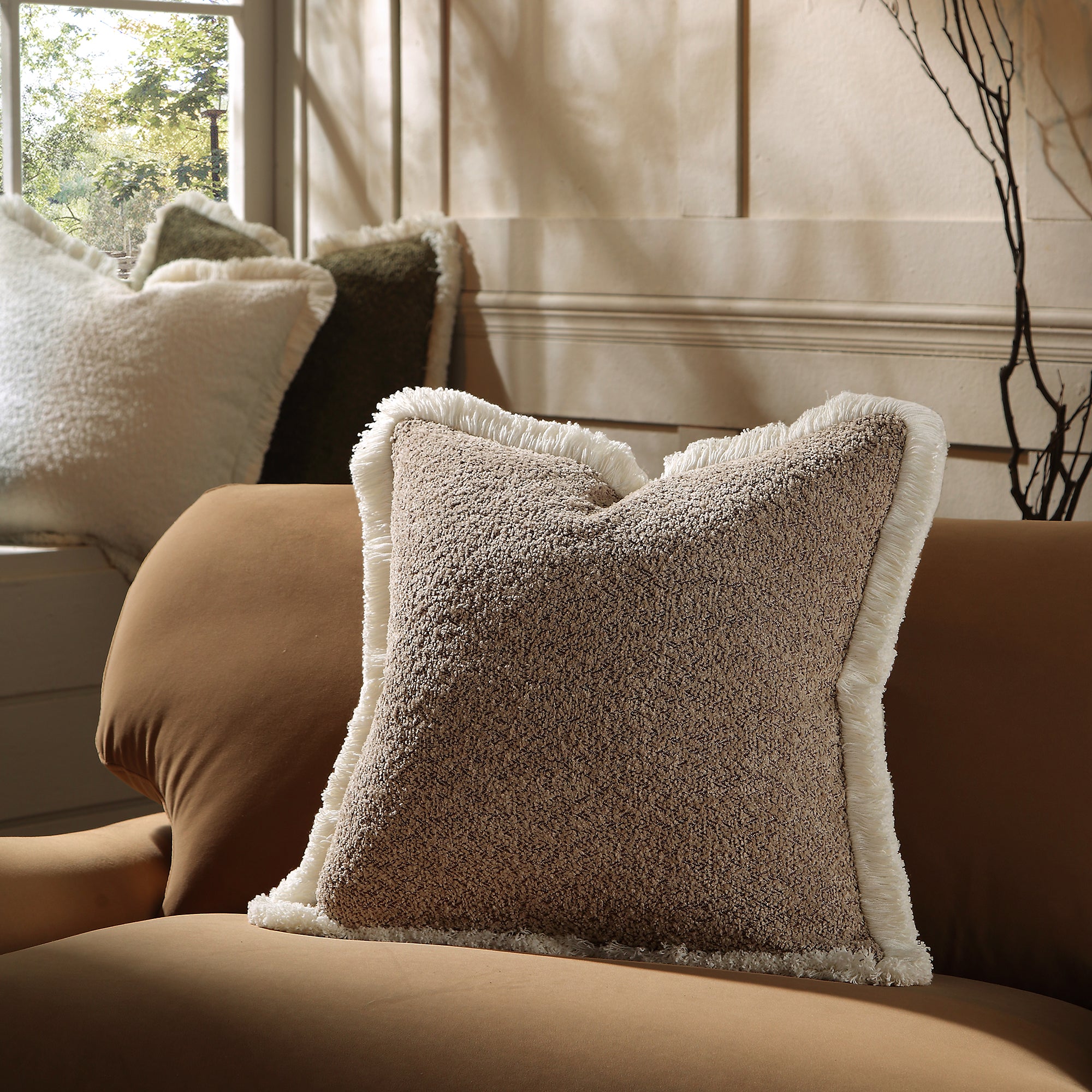 Kyra Bouclé Stone Fringed Cushion