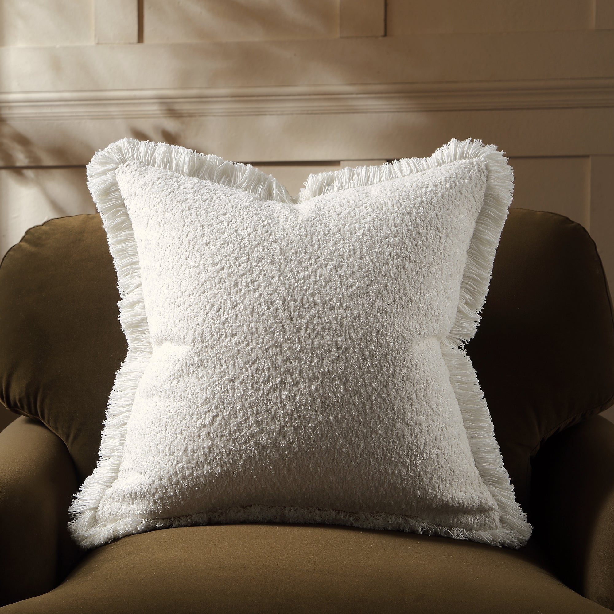 Kyra Bouclé Cream White Fringed Cushion