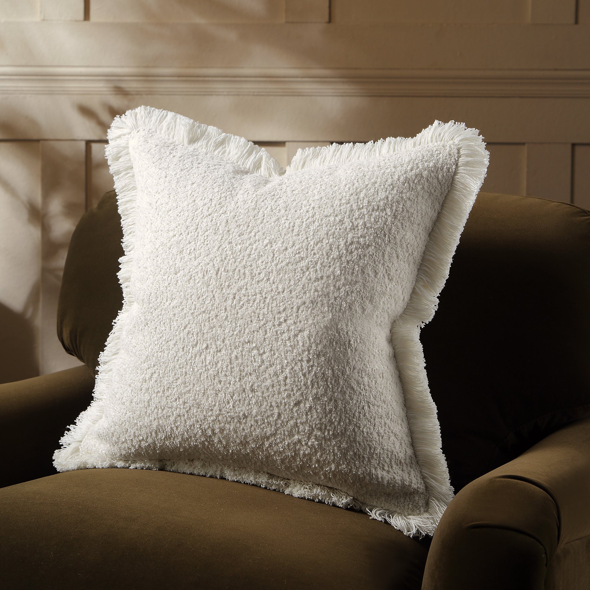 Kyra Bouclé Cream White Fringed Cushion