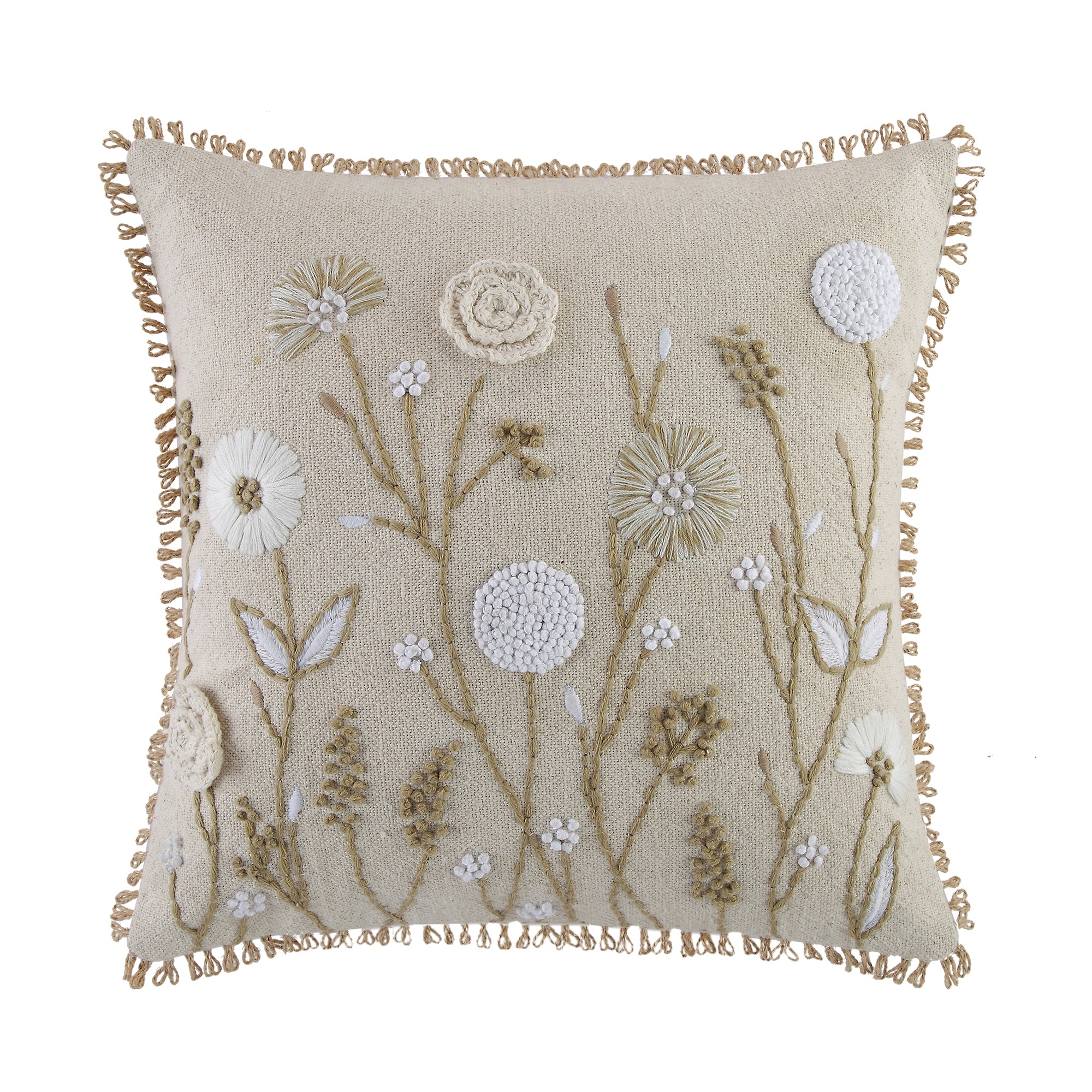 Delilah Crochet Jute Lace Hand Embroidered Square Cushion