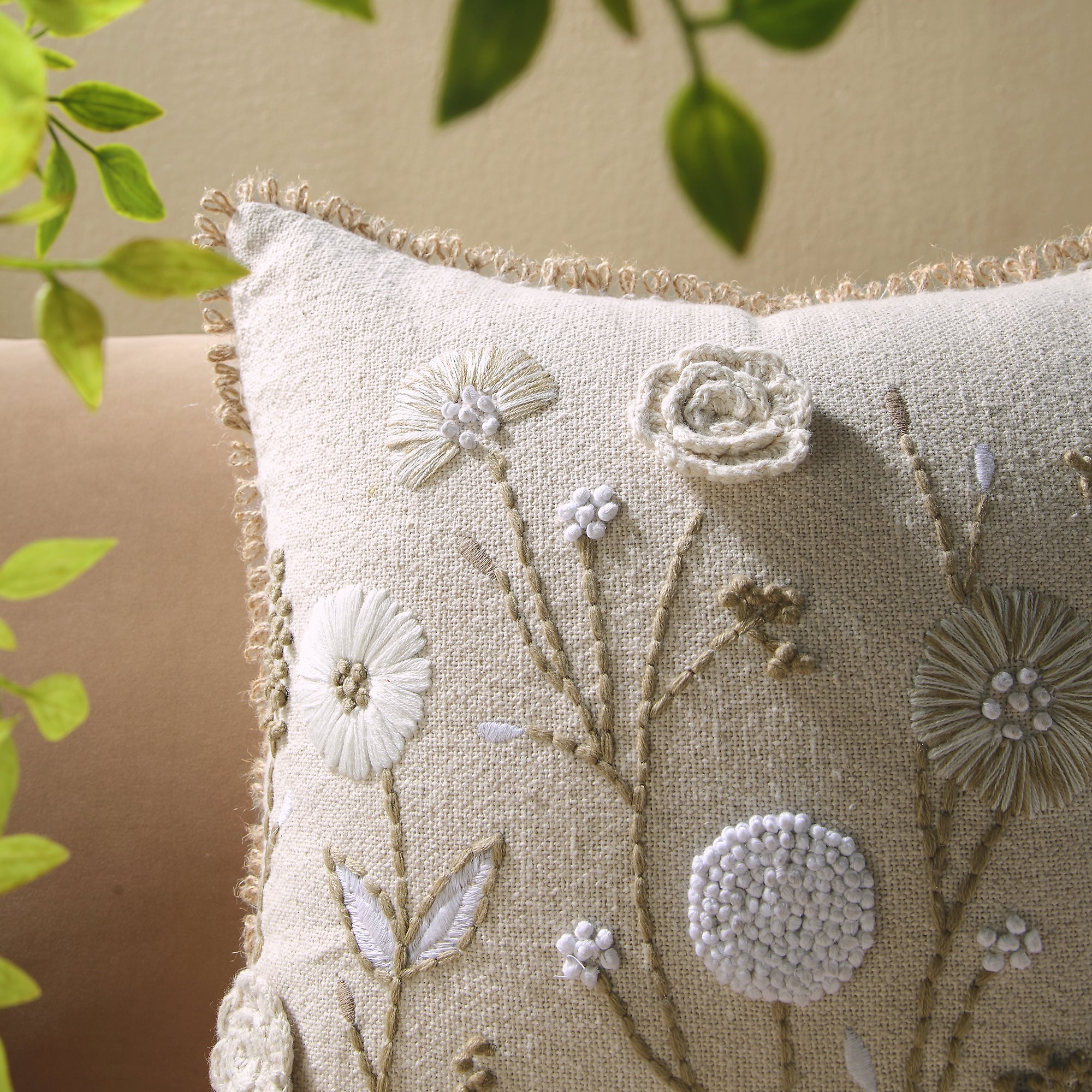 Delilah Crochet Jute Lace Hand Embroidered Square Cushion