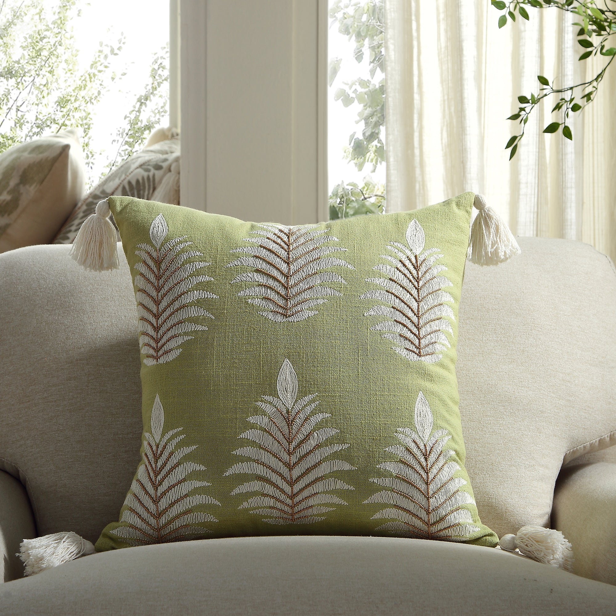 Vine Collection Green Palms Hand Embroidered Beaded Cushion