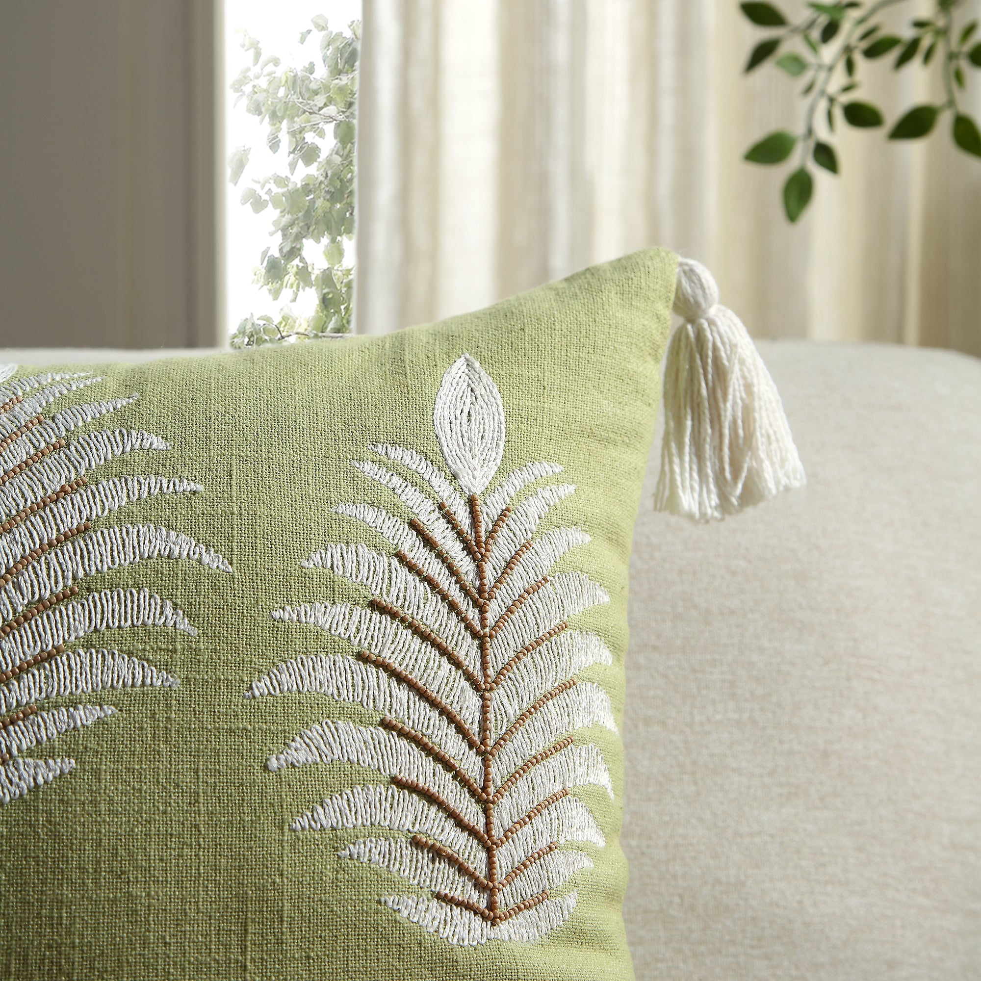 Vine Collection Green Palms Hand Embroidered Beaded Cushion