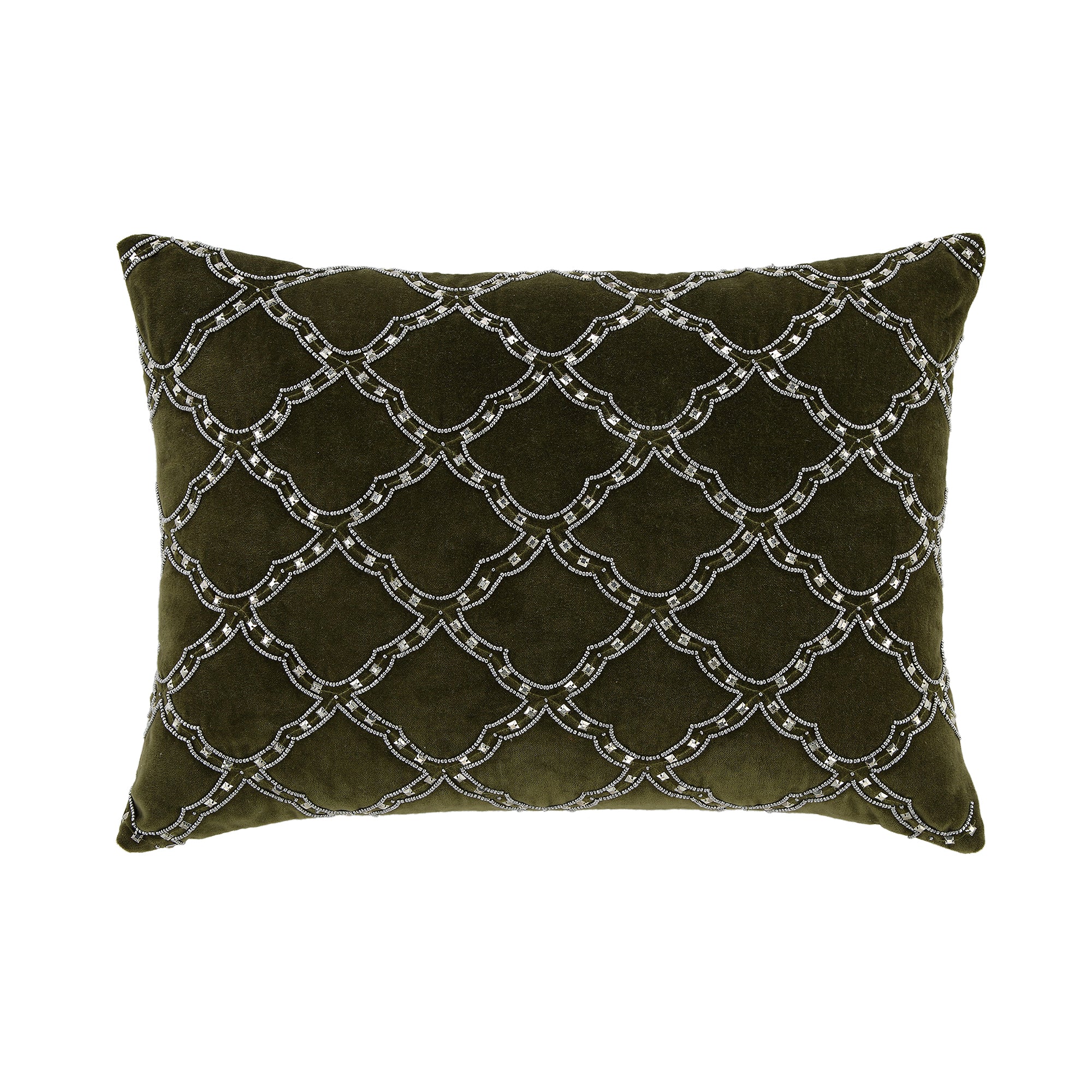 Luxe Collection Greta Beaded Moss Cotton Velvet Cushion